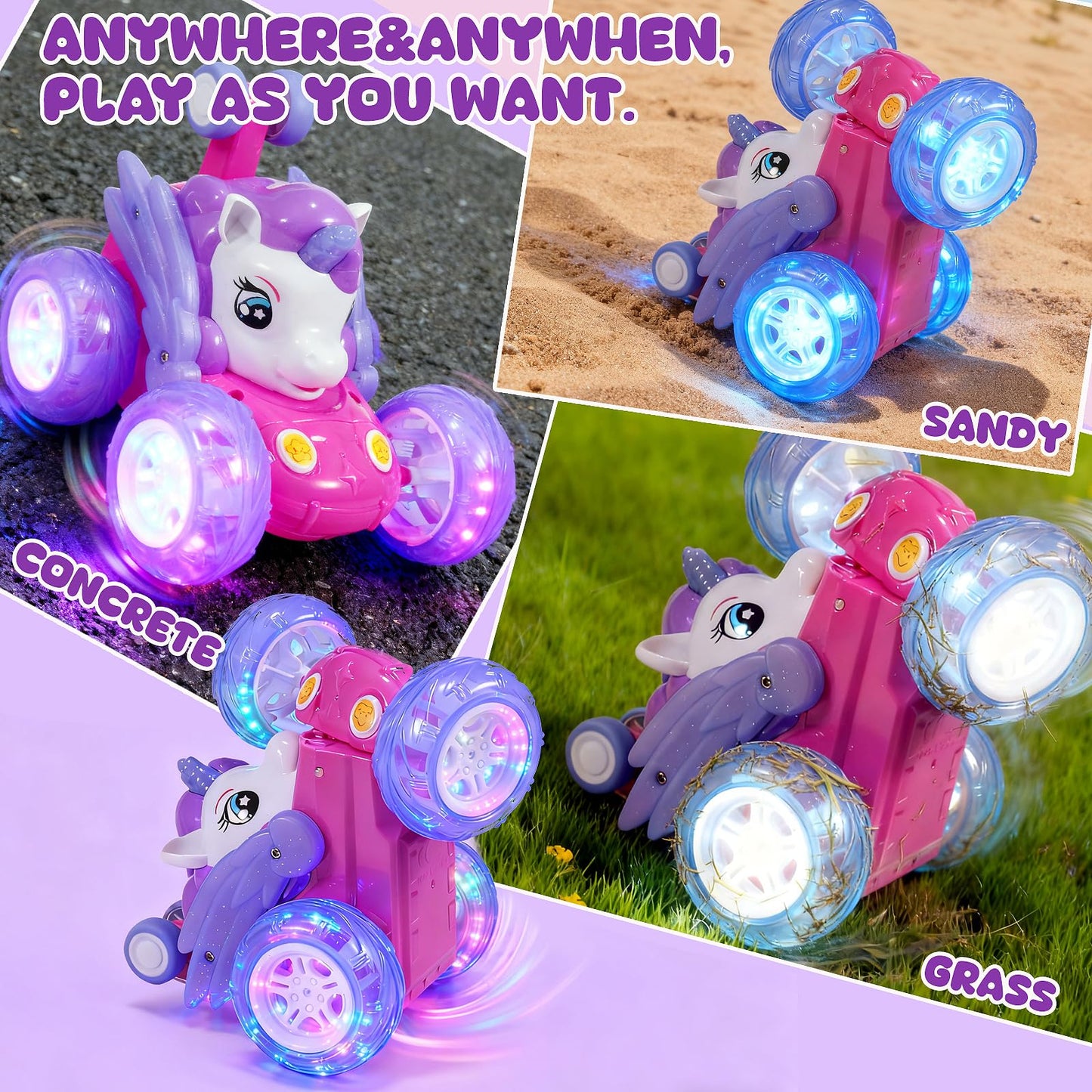 Unicorn Toys RC Car for Girls 4-6 Beginner-Friendly Cute Remote Control Toy - High-Speed All-Terrain 360°Flips Stunt & Cool Blinky Lights Ideal Christmas Birthday Gift for Age 3 4 5 6 7 8 - Purlple