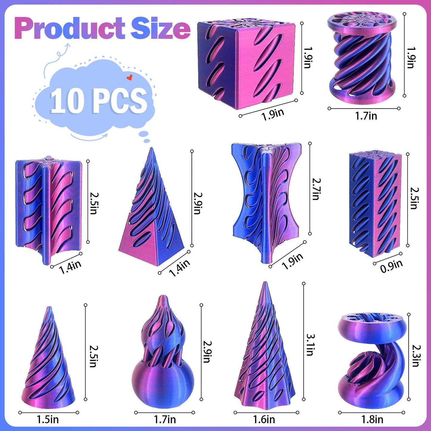 10 Pack 3D Printed Spiral Fidget Toys Set， Impossible Magic Passthrough Stress Relief Toy for Anxiety Relaxing,Cuboid,Cylinder,Cone,Cube,Wave,Whirlwind,Pyramid,Gourd,Triangle,Quadrilateral(LSZ)
