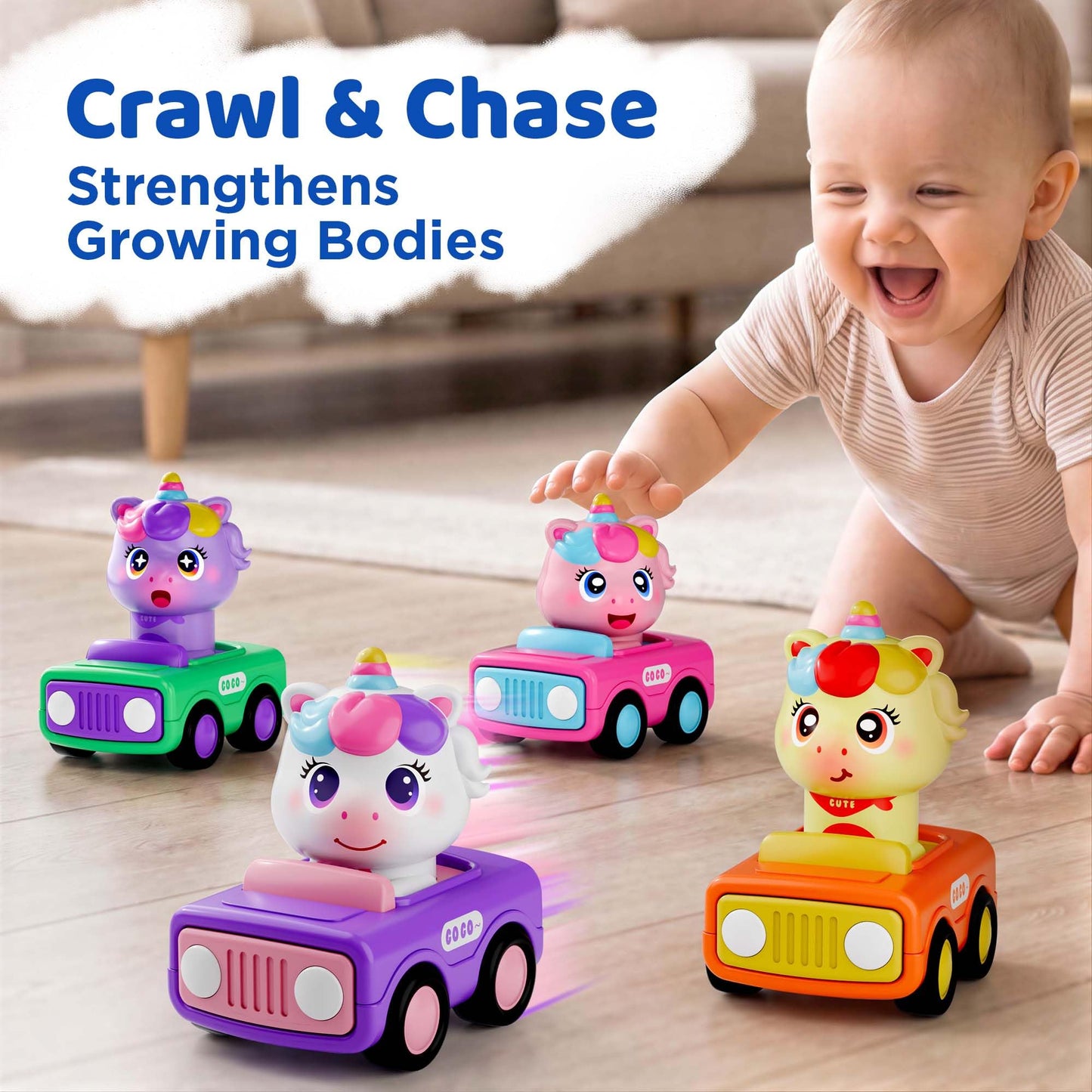 iPlay, iLearn Press to Go Unicorn Car Toys for Toddler 1-3, Baby Animal Racing Cars, Infant Girl Push Go Friction Toy, Kids Play Vehicle for 12 18 24 Month, 1st Birthday Gifts for 1 2 One Yr Child Boy