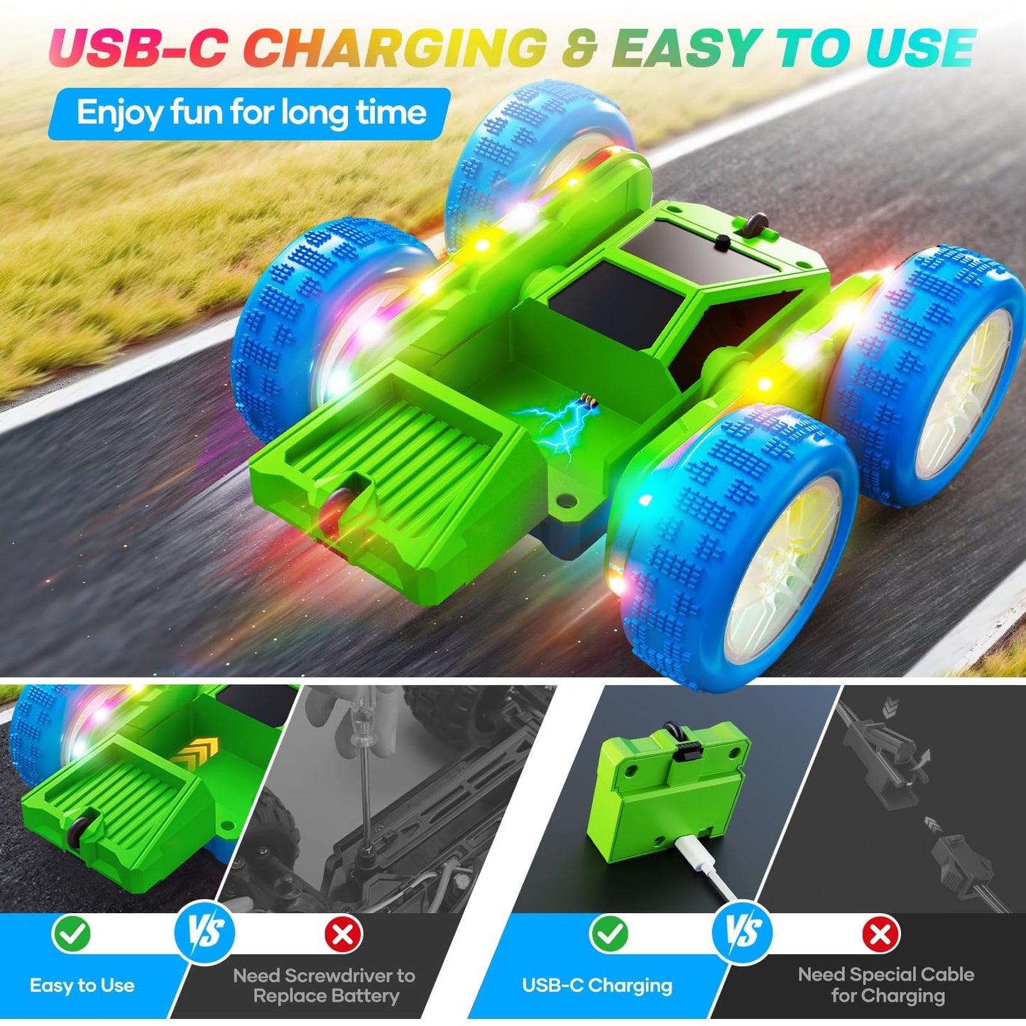 Remote Control Car, 360° Flips Rotating RC Stunt Car with USB-C Charge Modular Battery, 4WD RC Cars with LED Lights Strips, All Terrain RC Truck Toys for Kids 3+ Year Old Boys Christmas Birthday Gift
