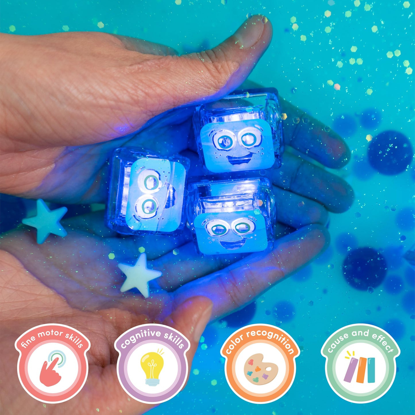 Glo Pals Water Activated Light-Up Sensory Bath Toy Character and Cubes for Bathtime and Sensory Play, Character and Pack of 6 Cubes, Blair