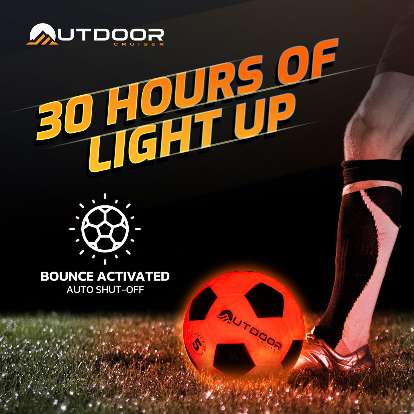 Outdoor Cruiser Light Up Soccer Ball - Waterproof Rubber Construction, Glow in the Dark, Glows Up to 30 Hours with Tap Activation, Complete Set with Pump & Spare Batteries, Official Size 5, Ages 8-15
