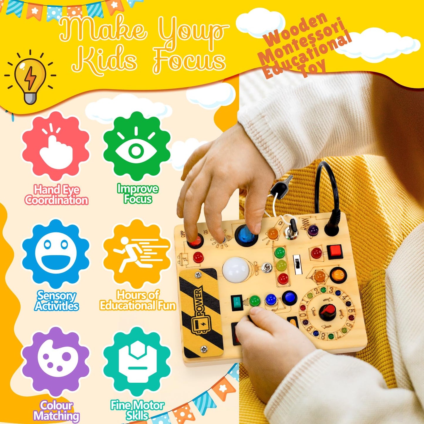 RichBoy Busy Board Montessori Sensory Toy, 37-in-1 Switch Board with 24 LED Lights, Birthday Gift for 1 2 3 Year Old Boys Girls, Safety for Toddlers Home Travel Essentials (6.7" X 5.3")