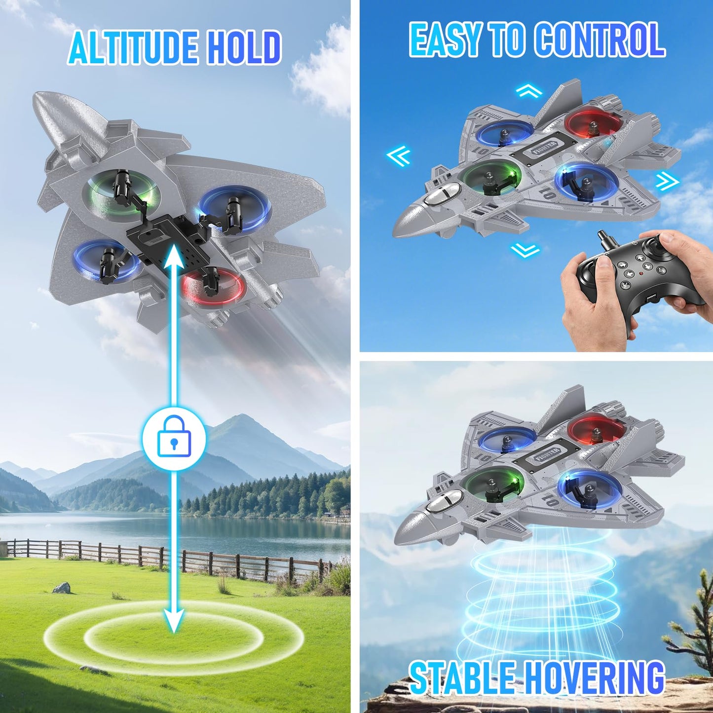 Liorbrix RC Plane Remote Control Airplane for Kids Aged 8+, RC Planes Foam Drones for Adult Kids, Fighter Jet Toy with Lights 360°Flip and Rotation Stunts, Airplane Toy Gifts for Boys