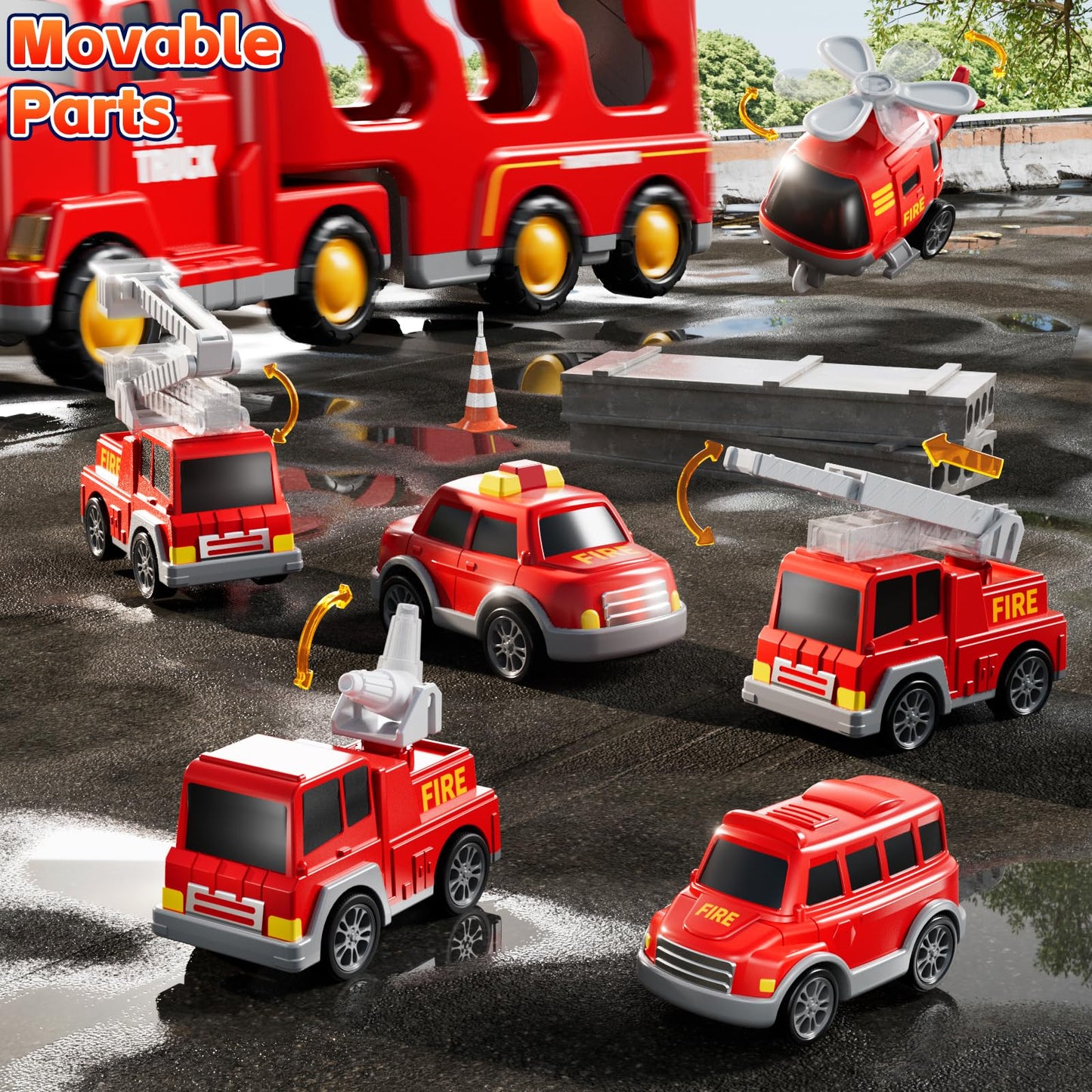 KIZONLY Fire Truck Toys for Toddler 1-3 3-5, 7-in-1 Fire Car Carrier Vehicle Set for Girls 1 2 3 4 5 6 Years Old, Transport Car with Light Sound, Birthdays Gifts for Kids Girls Aged 3-9