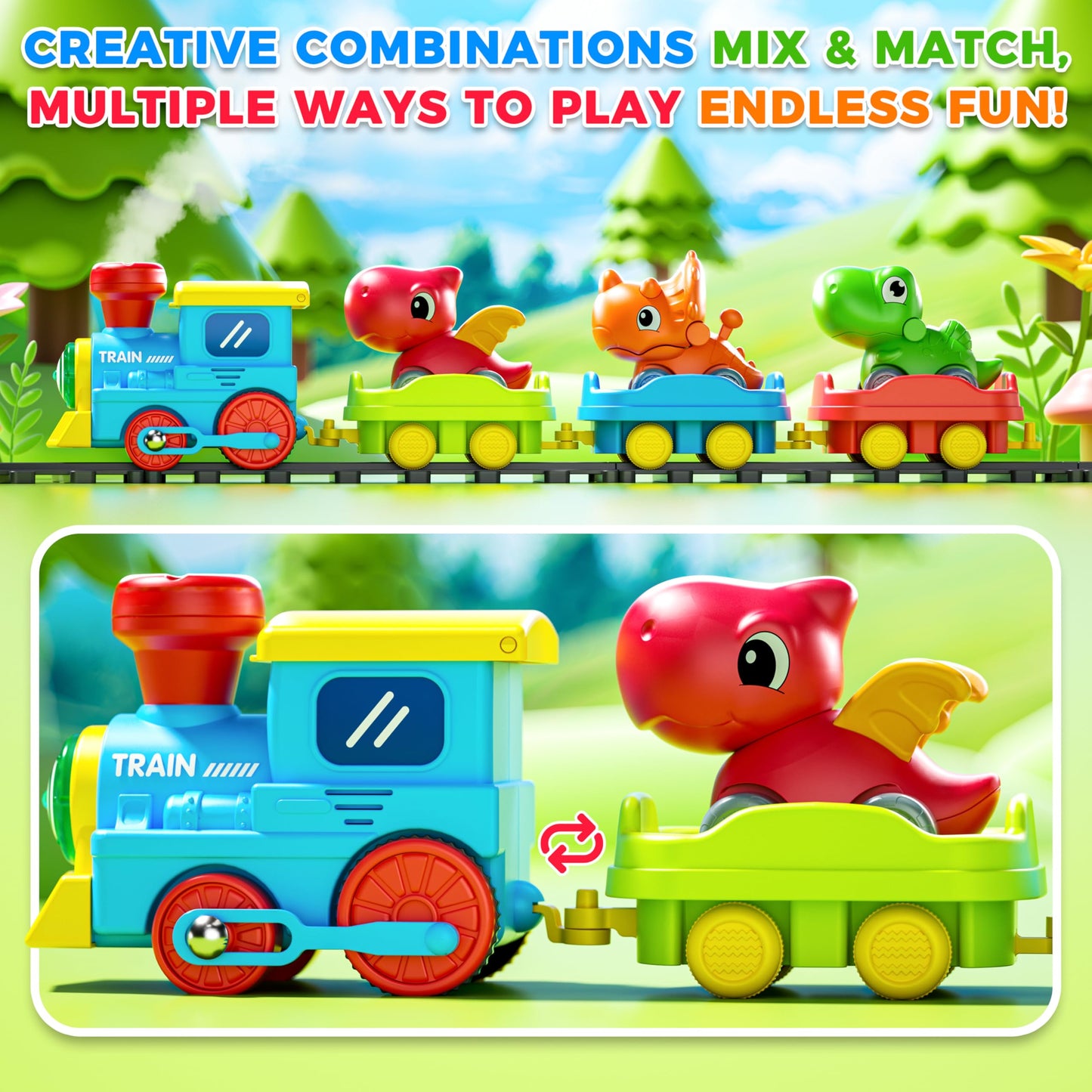 Train Set for Toddlers w/Steam, Music & Lights - Electric Train Toys for Kids w/Tracks Accessories, Including 3 Dinosaur Car and 3 Trailer, Christmas Birthday Gifts for 1-3 4 5 6+ Years Old Boys Girls