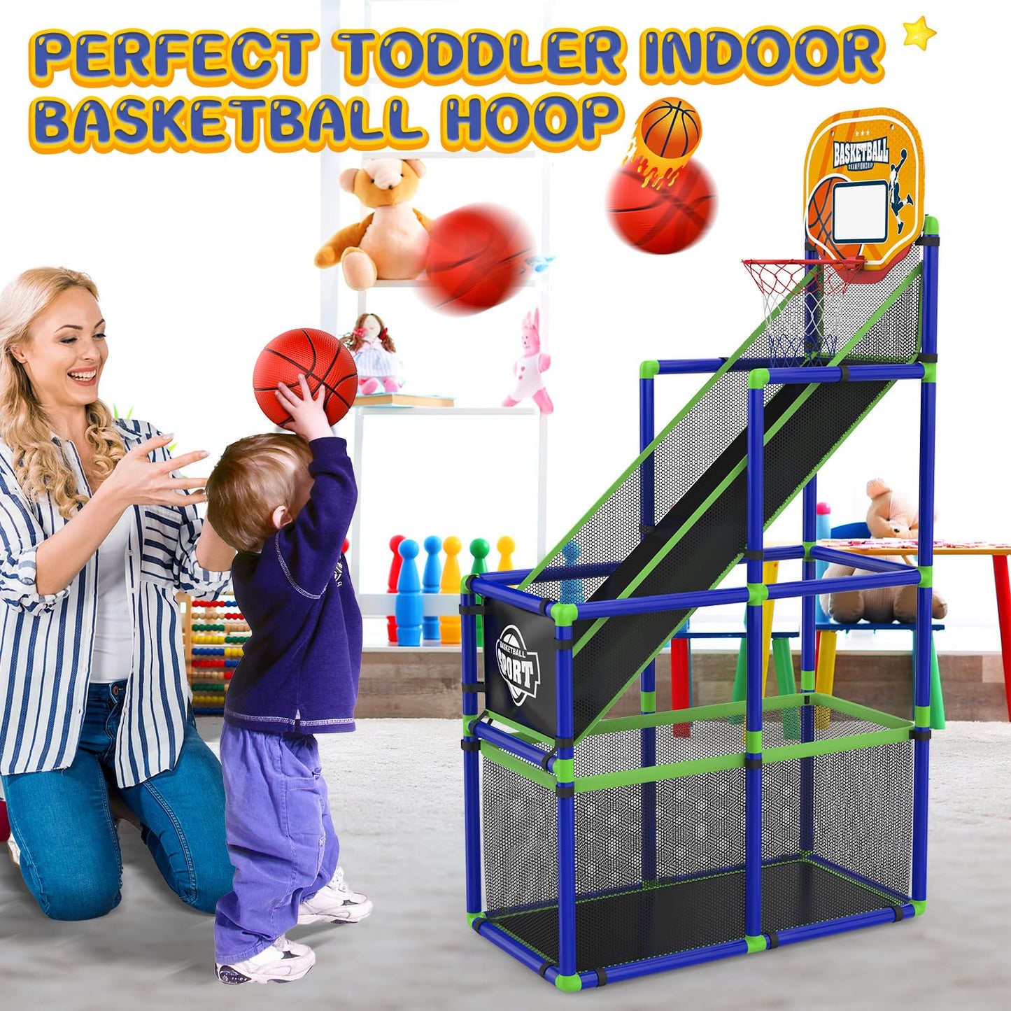 EagleStone Arcade Basketball Hoop Game Indoor, Ajustable Height Indoor Basketball Hoop with 4 Balls Storage Design for Kids,Perfect Sports Outdoor Play Toys for Kids Age 3 to 6 Years
