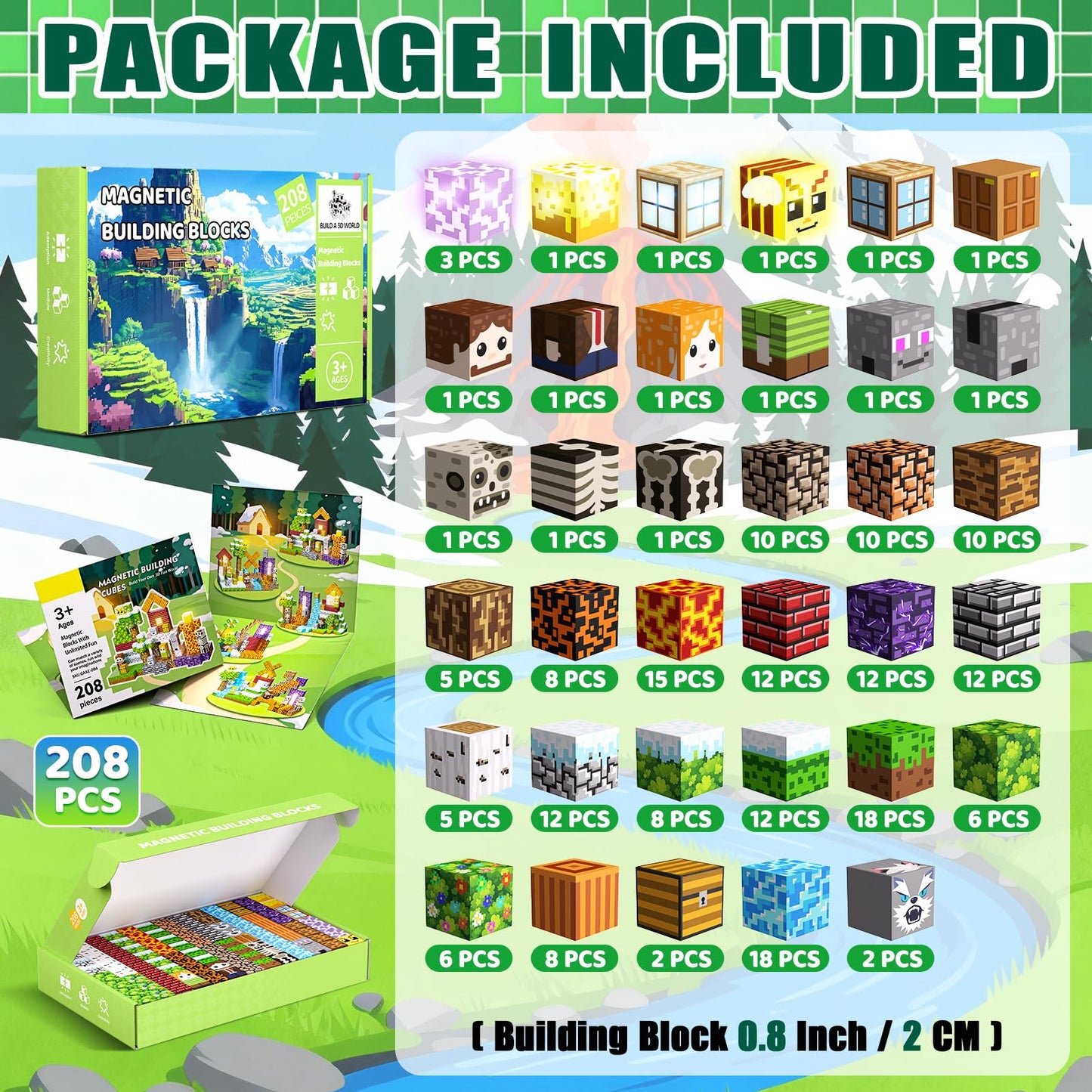 SSAWER Magnetic Blocks, 208PCS Magnetic Building Blocks, Stacking Magnetic for Kids, Sensory Toy for STEM Constructions Magnetic Blocks for Boys Girls Age 3+, Holiday Birthday Gifts