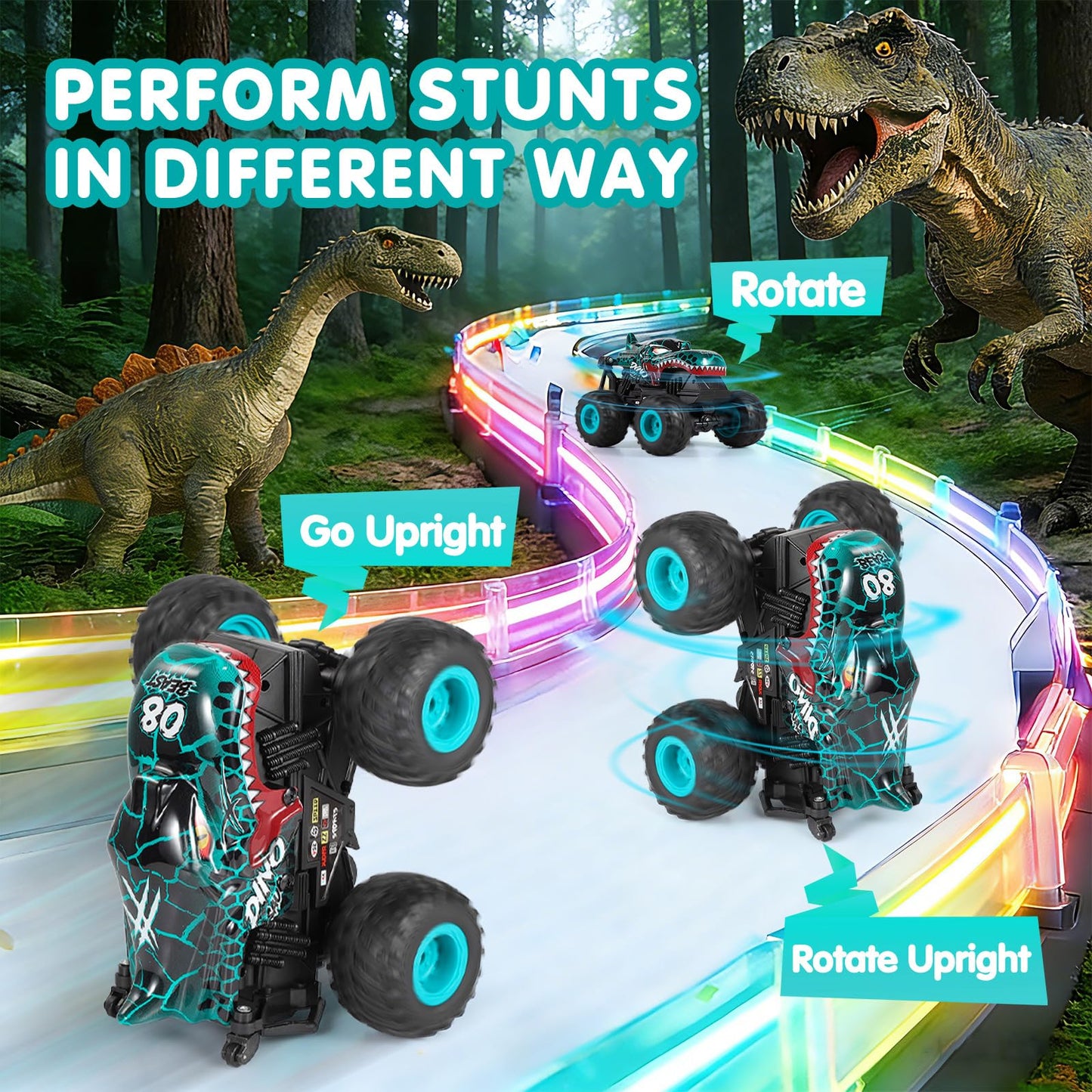 DYODYORC Remote Control Car, 2.4Ghz All Terrain Dinosaur Monster Truck Toys, RC Truck with Music, 3 Lighting Effects, 360 Stunt Capable, 2 Batteries Ready to Run, Toy Gifts for Boys and Girls (Cyan)