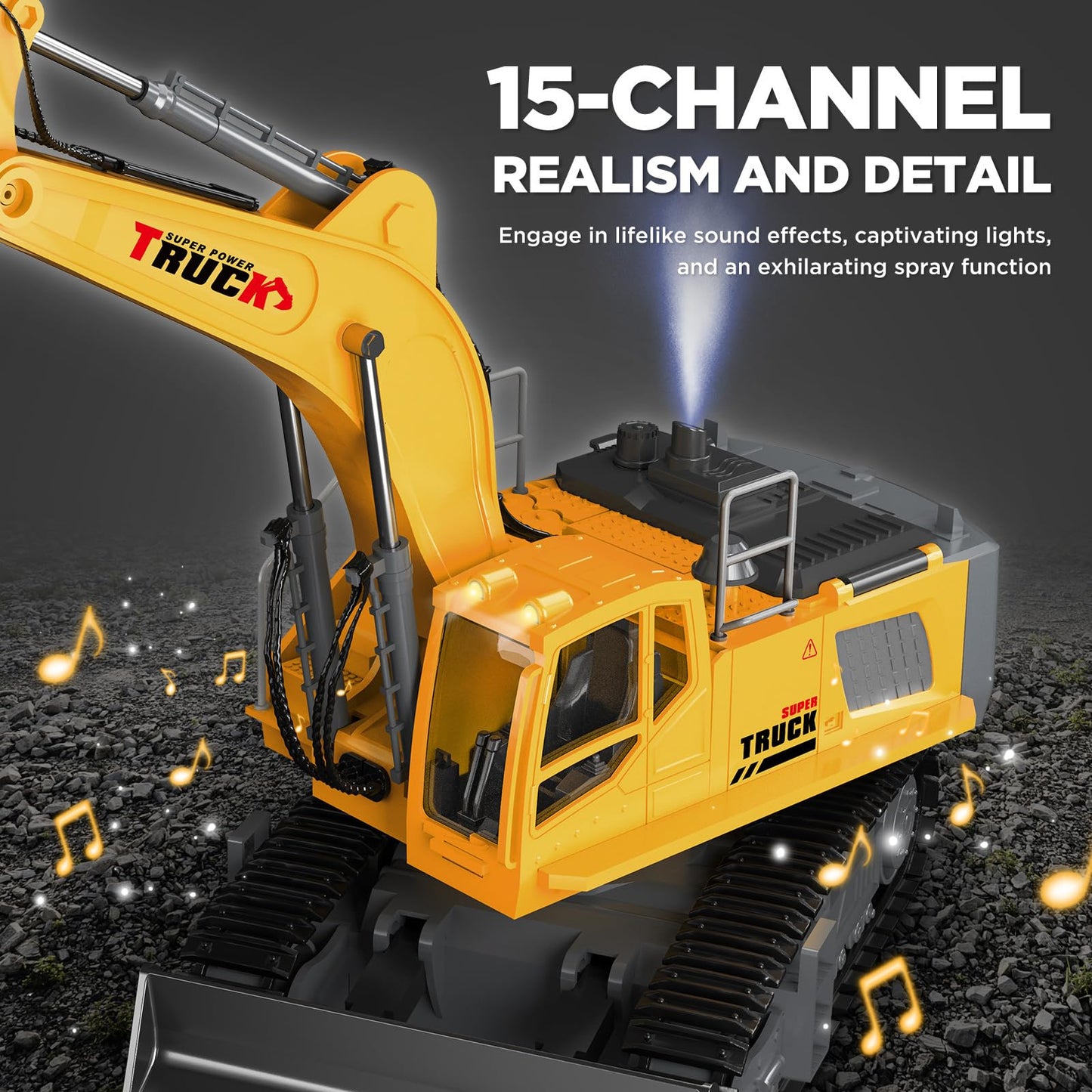 KIDMARKT 21" Large Remote Control Excavator Toy with Metal Bucket & Dozer Blade, 15-Channel RC Excavator Toys for Boys 6+ Kids Adults Construction Vehicles Birthday Gift, 120+Mins/Spray/Sound/Light