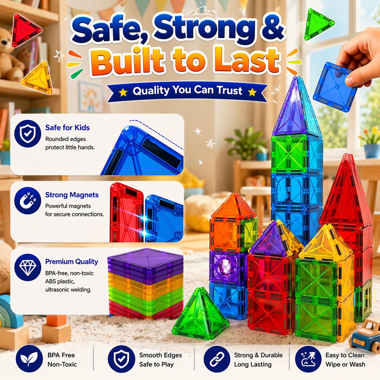 LATI 130-Piece Magnetic Tiles Building Toy Large Set for Kids,Magnetic Building Blocks Construction Set,Open-Ended Play STEM Educational Toy,Compatible with Other Brands,Gift for Boys & Girls Ages 3–8