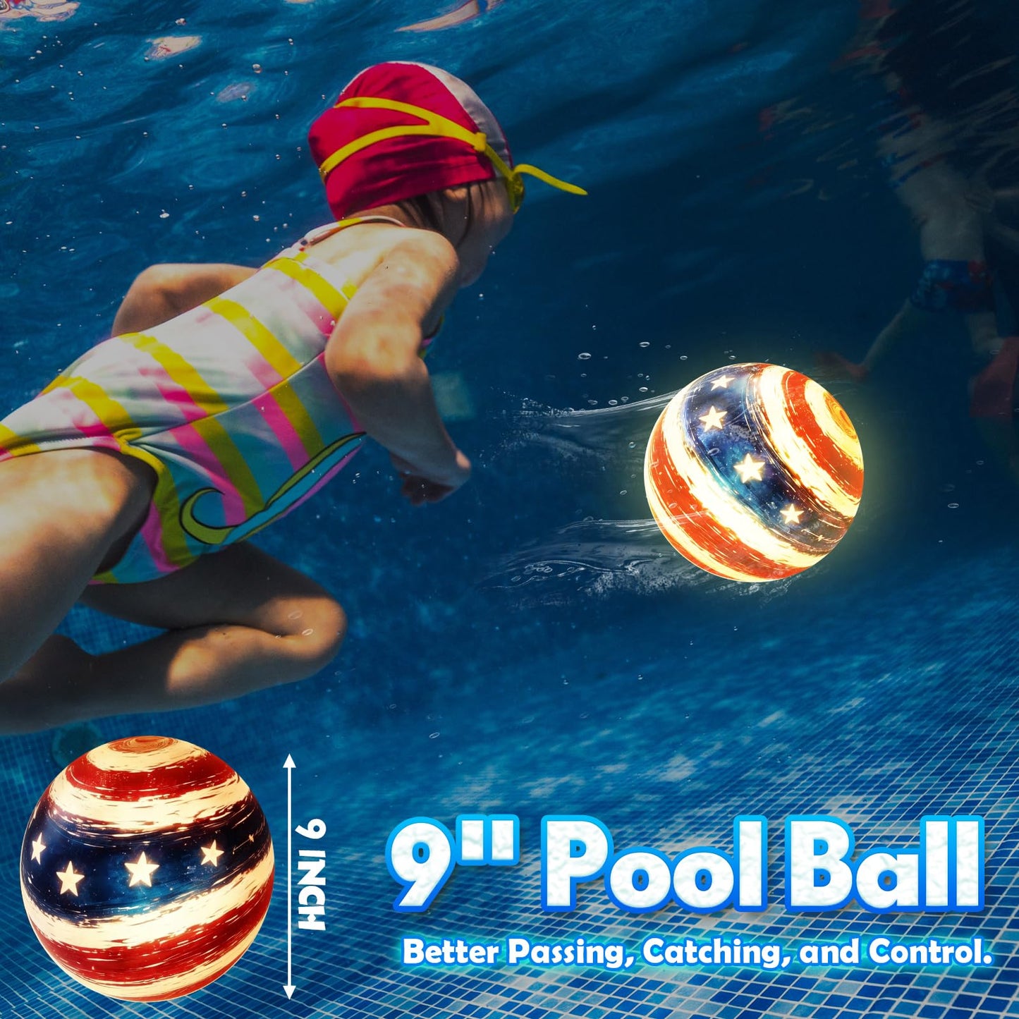 Focusport LED Underwater Pool Ball – 2 Pack 9" Light Up Water Ball Toy, Patriotic Design Pool Sports Game for Kids & Teens, Dribble & Pass for Water Football & Basketball, Summer Backyard Parties