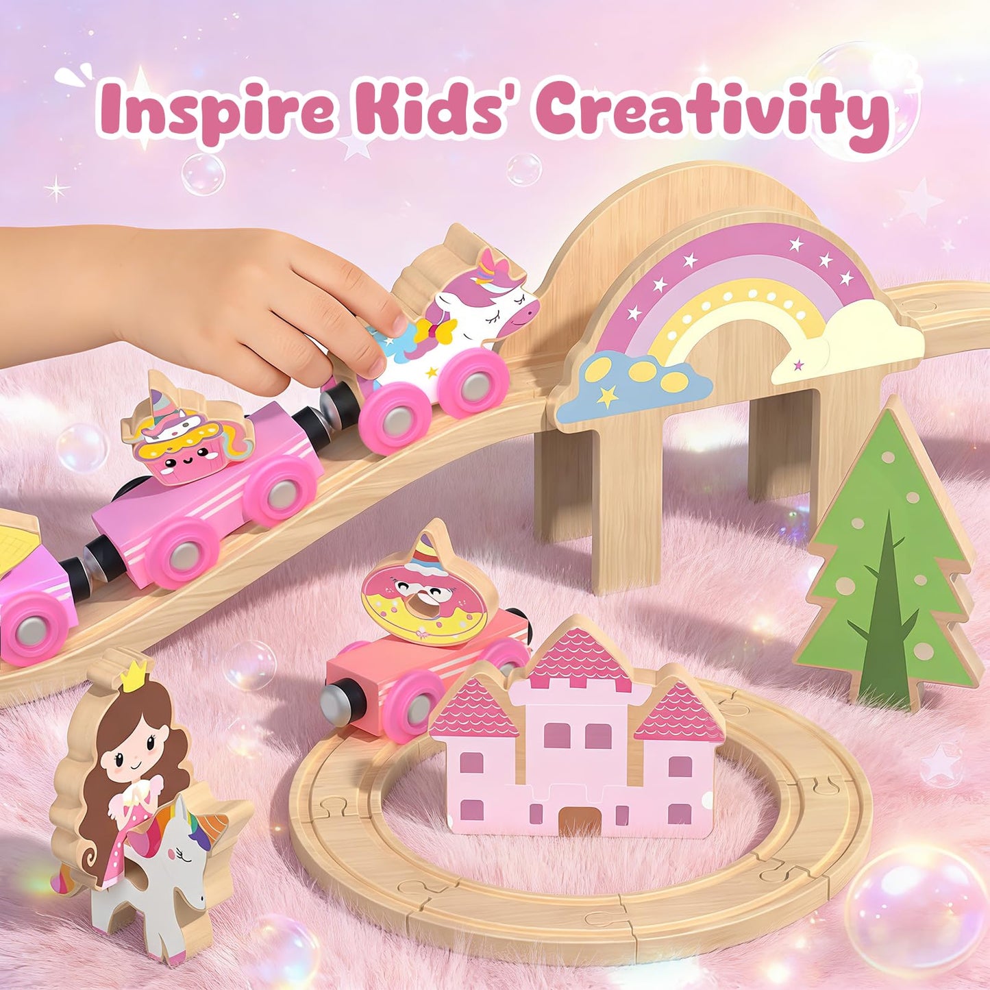 Hot Bee Wooden Train Set for Toddlers 2-4, 38-Piece Unicorn Train Set for Girls, Pink Wooden Train Track Set with Fairies & Unicorns, Girl Train Set Birthday Gifts for 2 3 4 5 Year Old Girls