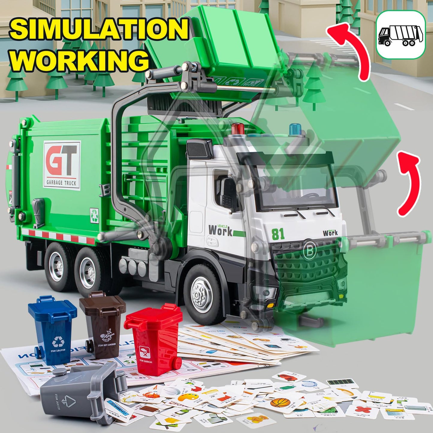 TAKGUD Garbage Truck Toys for Boys, 12" Big Trash Truck with Lights and Sounds, Friction Powered Waste Management Recycling Toy Set with 4 Trash Cans and Sorting Cards, Gift for Kids
