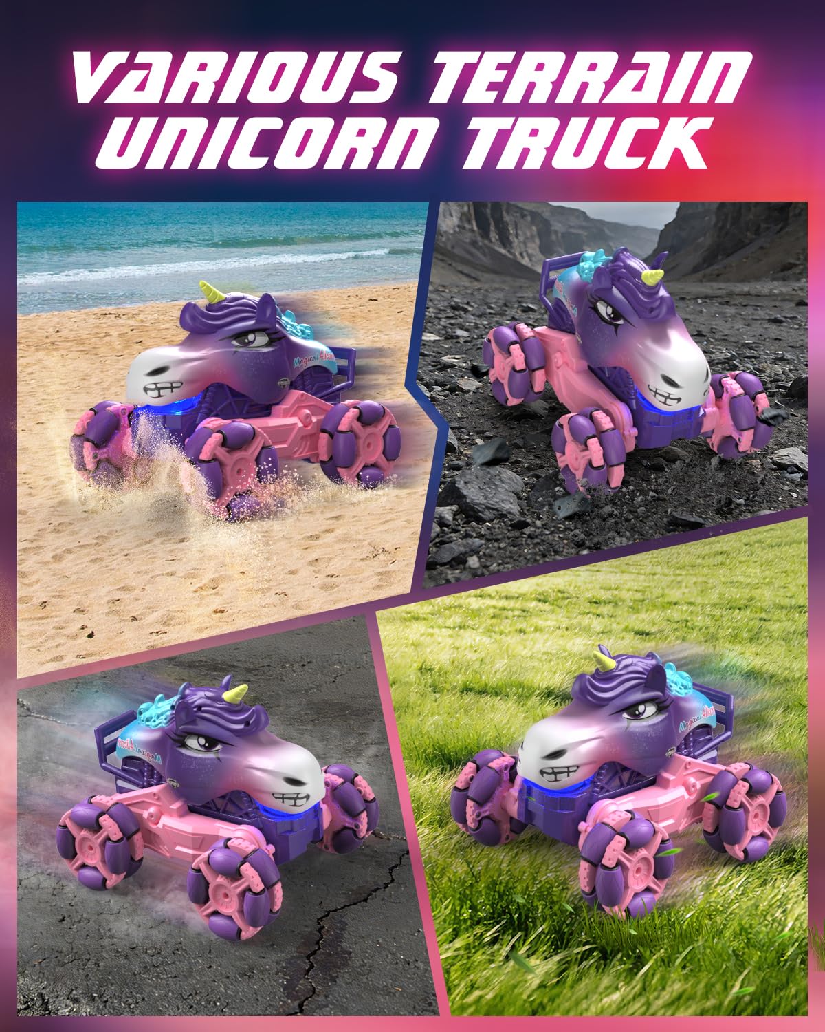 MAGTHIC Remote Control Car 1:18 Pink Unicorn Monster Truck 360° Spin-Dance Light Music with Spray, 2.4 GHz 4WD 120 Min Runtime Off-Road for Indoor & Outdoor Fun Toy Birthday Gifts for Girls Age 3+