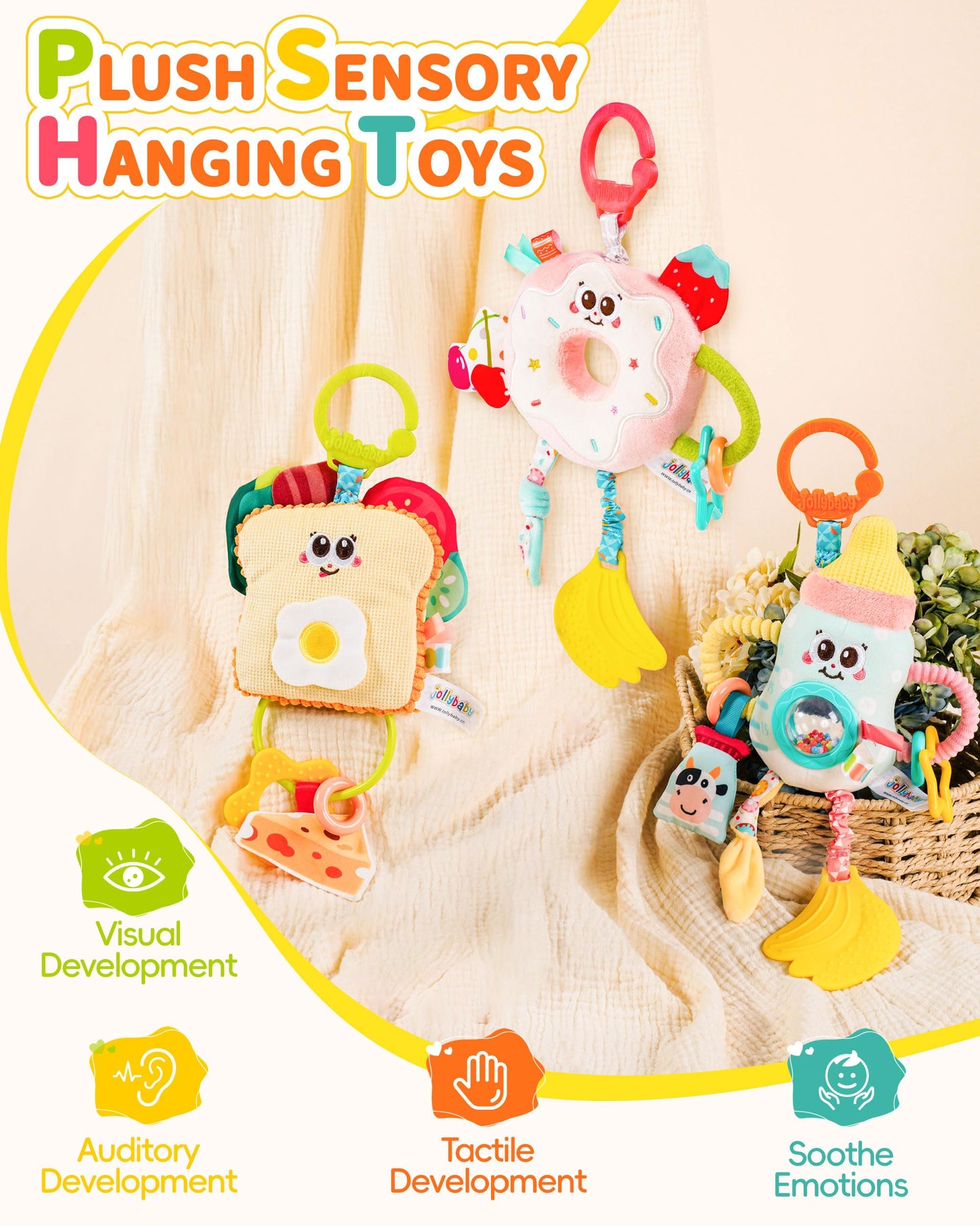 Jollybaby Baby Pull Vibration Toy - Tummy Time Sensory Hanging Toys for Car Seat, Stroller, Crib & Play Gym, with Babies Rattles & Teether, Airplane Travel Toys for Toddlers Gift- Toast