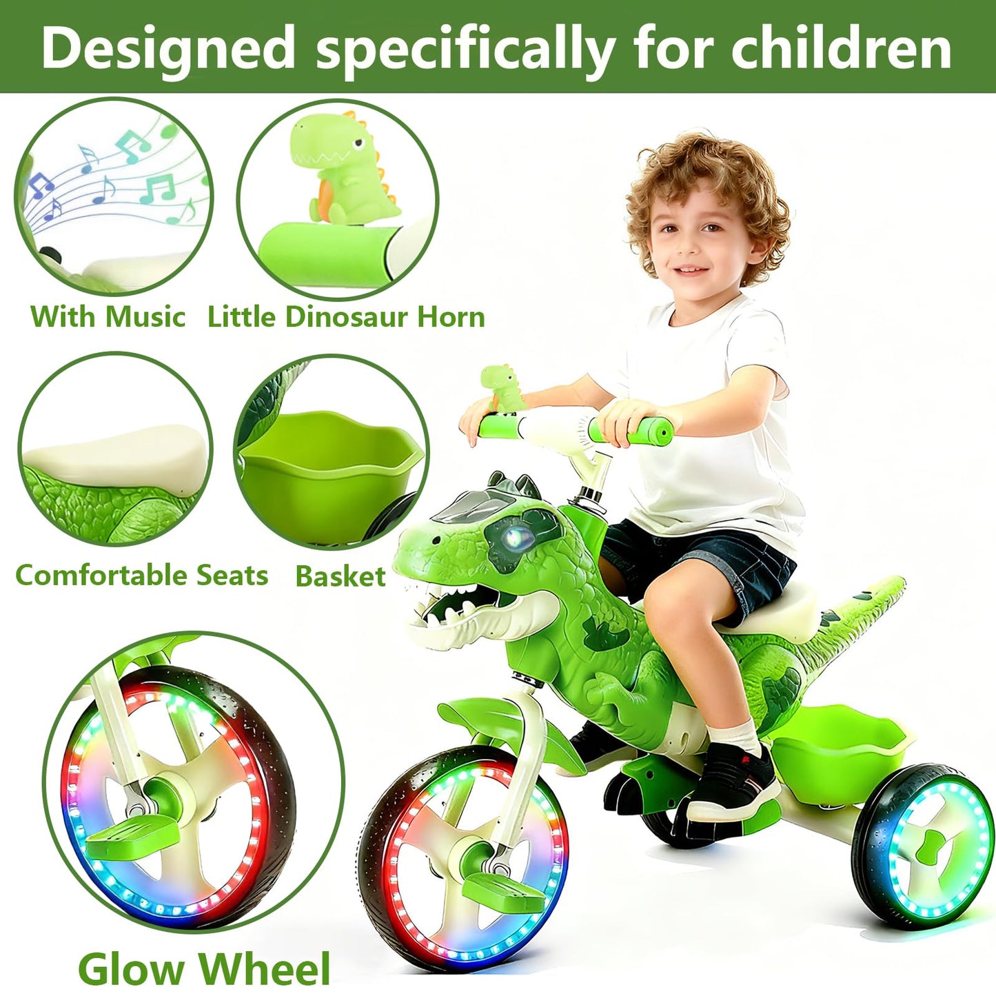 NMM Dinosaur Tricycle for Toddlers, Kids Trike with Music, LED, Tricycles for 3-5 Year Olds, for Rider, Big Wheel, Storage Basket, Horn, Toddler Bike for Boy, Dinosaur Toys for Kids 2-4 4-7