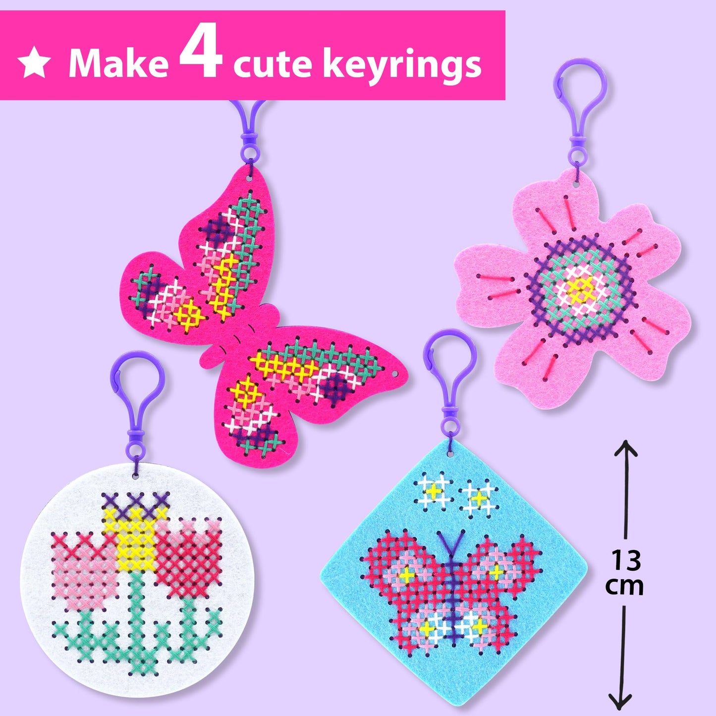 KRAFUN My First Cross Stitch Kit for Kids Age 5+, 4 Butterfly Flower Keyring Embroidery Projects, Arts & Crafts Gift for Girls, DIY Felt Backpack Charm Ornament with Butterfly Daisy Rose