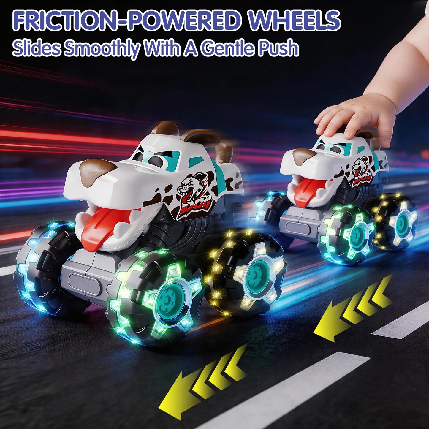 HOLA 3 Pack Monster Truck Toys, Push & Go Friction-Powered Light Up Cars with Color Changing LED Wheels for Kids Toddlers 1-5, Toys for 1 2 3 4 5 Years Old Boys Girls Christmas Birthady Gifts