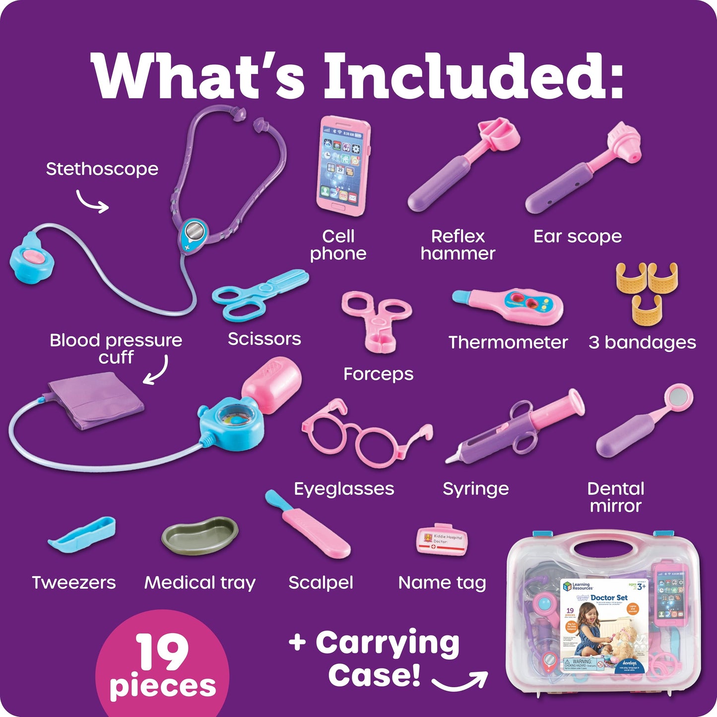 Learning Resources Pretend & Play Doctor Set Pink - Medical Kit for Kids, Imaginative and Role Play, Toddler Toys, Social and Language Skills, Fine Motor, Birthday Gift for Boys and Girls