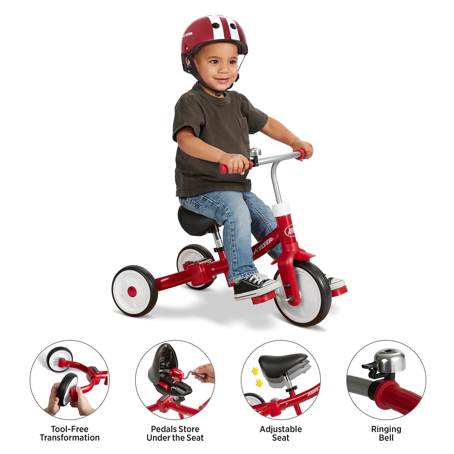 Radio Flyer Triple Play Trike, For Ages 1-3, 3-in-1 Ride-On, Tricycle or Balance Bike, Tool-Free Transformation, Adjustable Padded Seat, Pedal Storage, Ringing Bell, Steel Frame, Tricycle for Toddlers