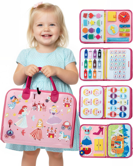 Pink Montessori Busy Board for Toddlers,8-Page Sensory Activity Book for Fine Motor Skills & Basic Dress Learning, Portable Travel Toy for Preschool Kids, Portable Travel Gift for Preschool Girls