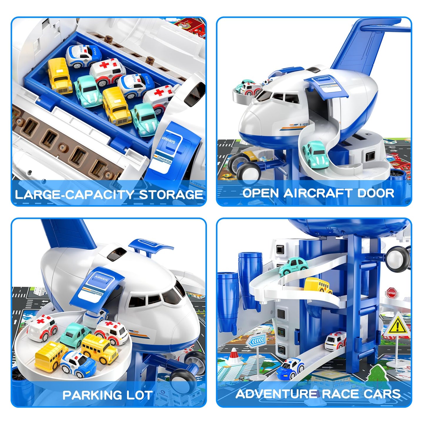 DULONIME Airplane Toys for Toddlers 3-5 - Car Race Tracks for Kids Ages 4-8 with 8 Small Car Toys, Educational Toys for Kids Ages 4-8, Birthday Gifts for Boys 3-5, Birthday Gifts for Boys Girls 4-7