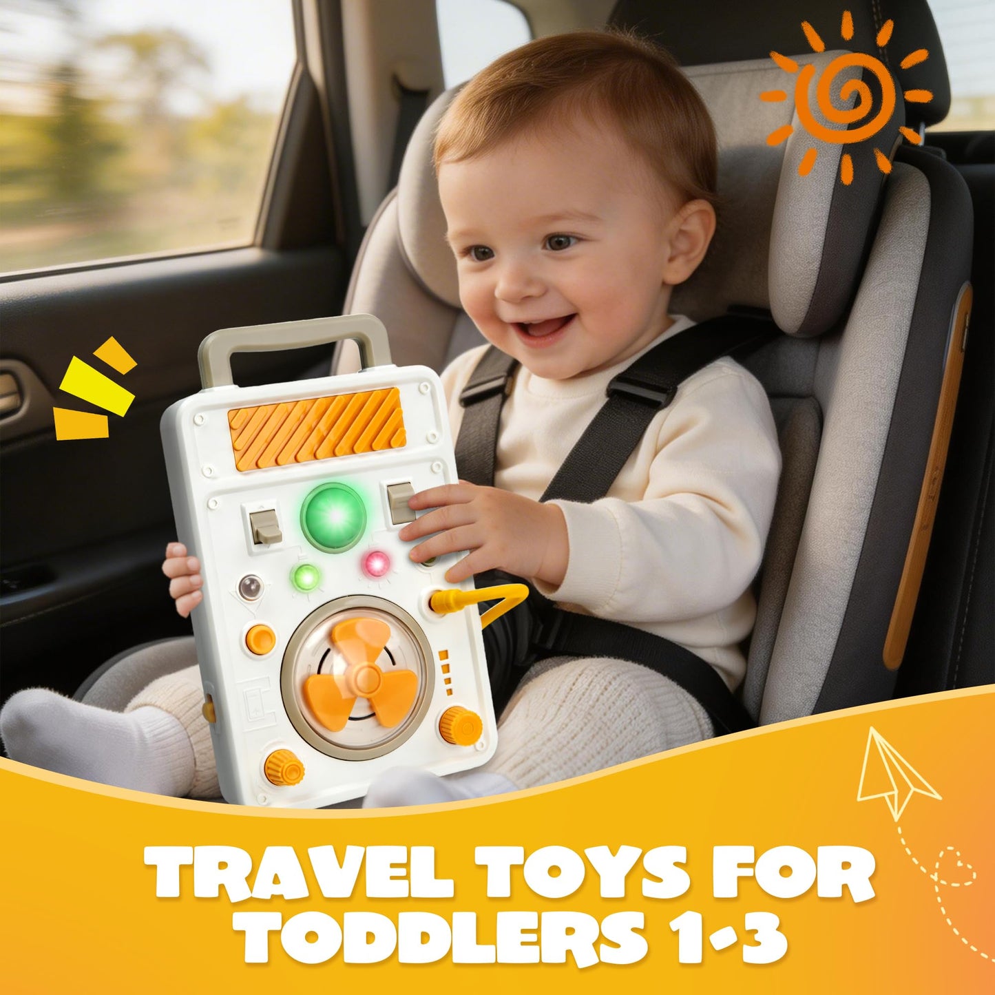 Montessori Busy Board for 1+ Year Old, Airplane Travel Toys Roadtrip Activities for Toddlers Fine Motor Toy Educational LED Light Switch Learning Sensory Activity Board for Toddler 1-3 Boy Girl Gift