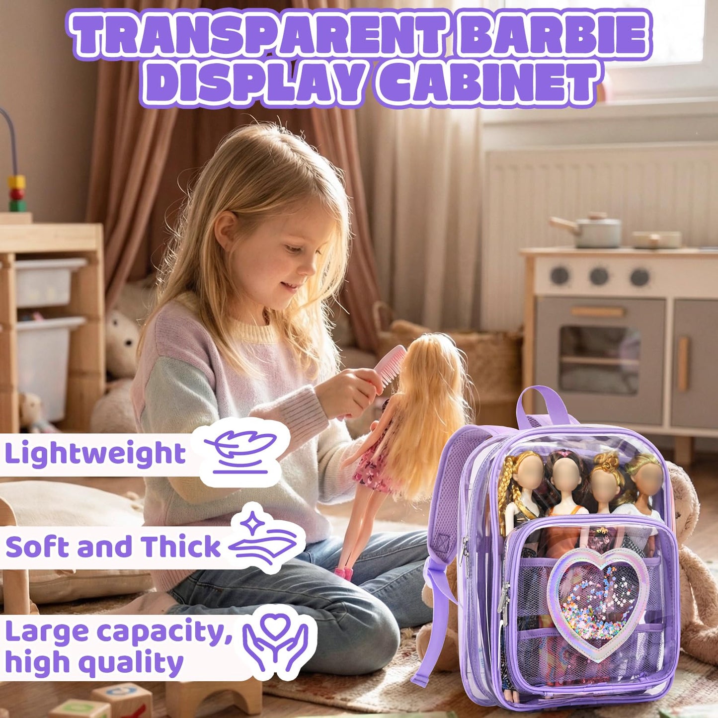 Backpack Compatible with Barbie Dolls 12-Inch, Transparent Storage Box, Barbie Doll Display Holds up to 6 Dolls, Display Pockets for Doll’s Clothes, Accessories, Bag Only (Lavender)