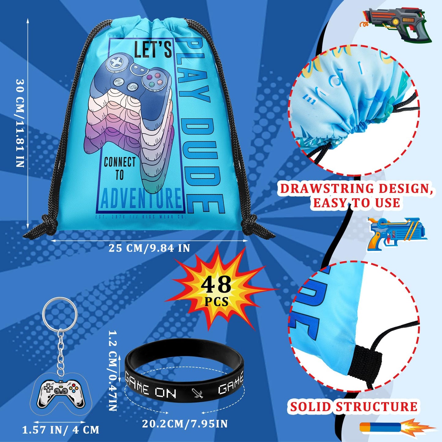 Talltalk 48 Pcs Video Game Party Favors Bulk with 16 Blue Black Video Game Gift Drawstring Backpack Goodie Bags Snacks Candy Bag 16 Wristband 16 Keychain for Play Birthday Party Supplies Decorations
