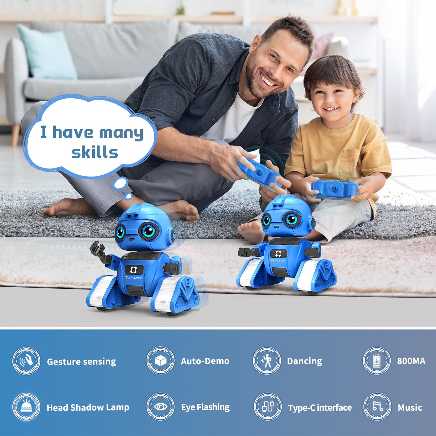 Dzxlin Robot Toys for Boys and Girls, Rechargeable Remote Control Robot with Auto-Demonstration, Light Projection, Dance Moves, Music, and Gesture Sensing –Toy Robot Gifts for 6+ Year Old Boys (Blue)