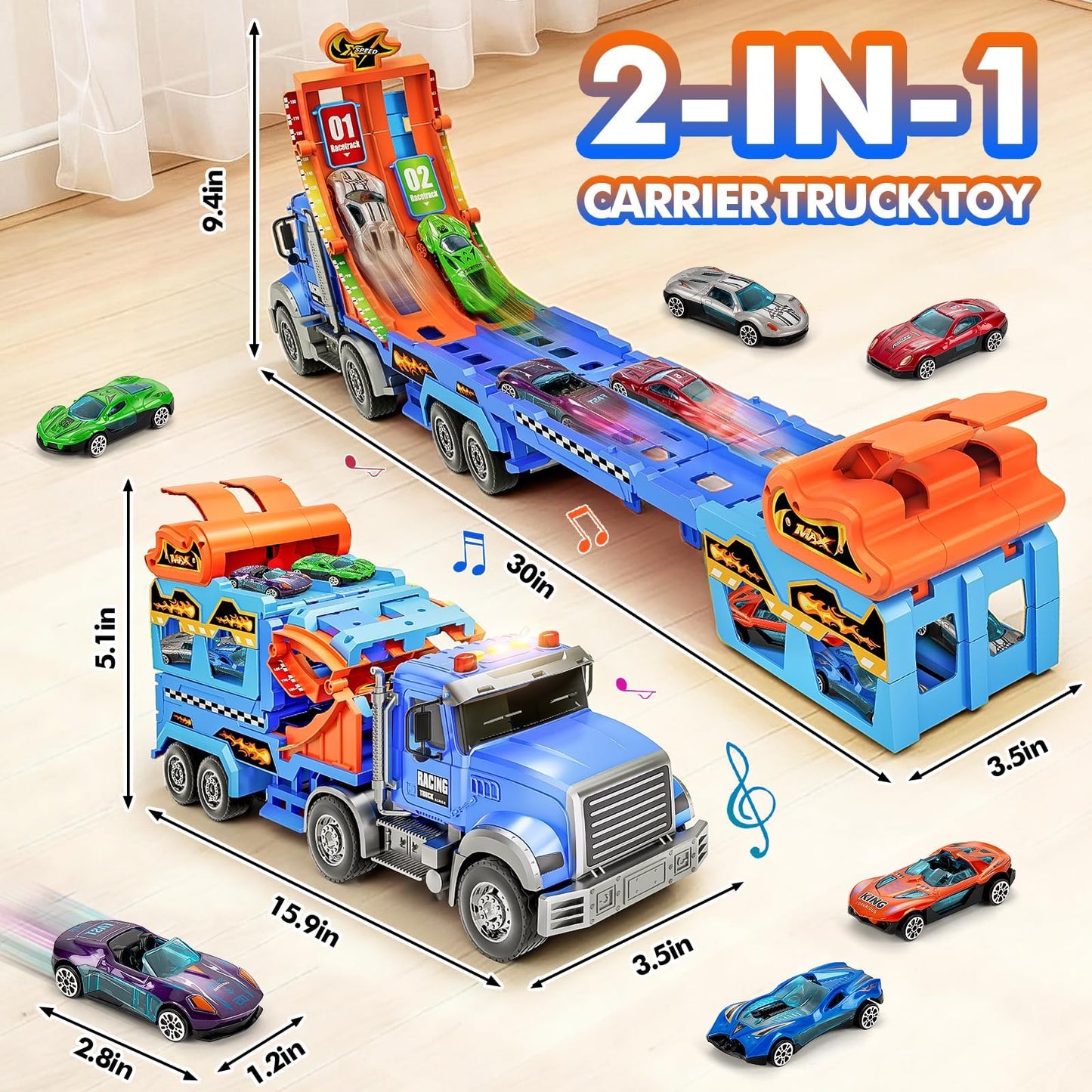 Truck Car Toys for 3, 4, 5, 6, 7, 8 Years Old Kids, Carrier Truck Race Track Toys, Foldable Transport Car Toys with Foldable Race Tracks and 6 Metal Cars, Birthday Gifts for Toddler Boys Girls (Blue)