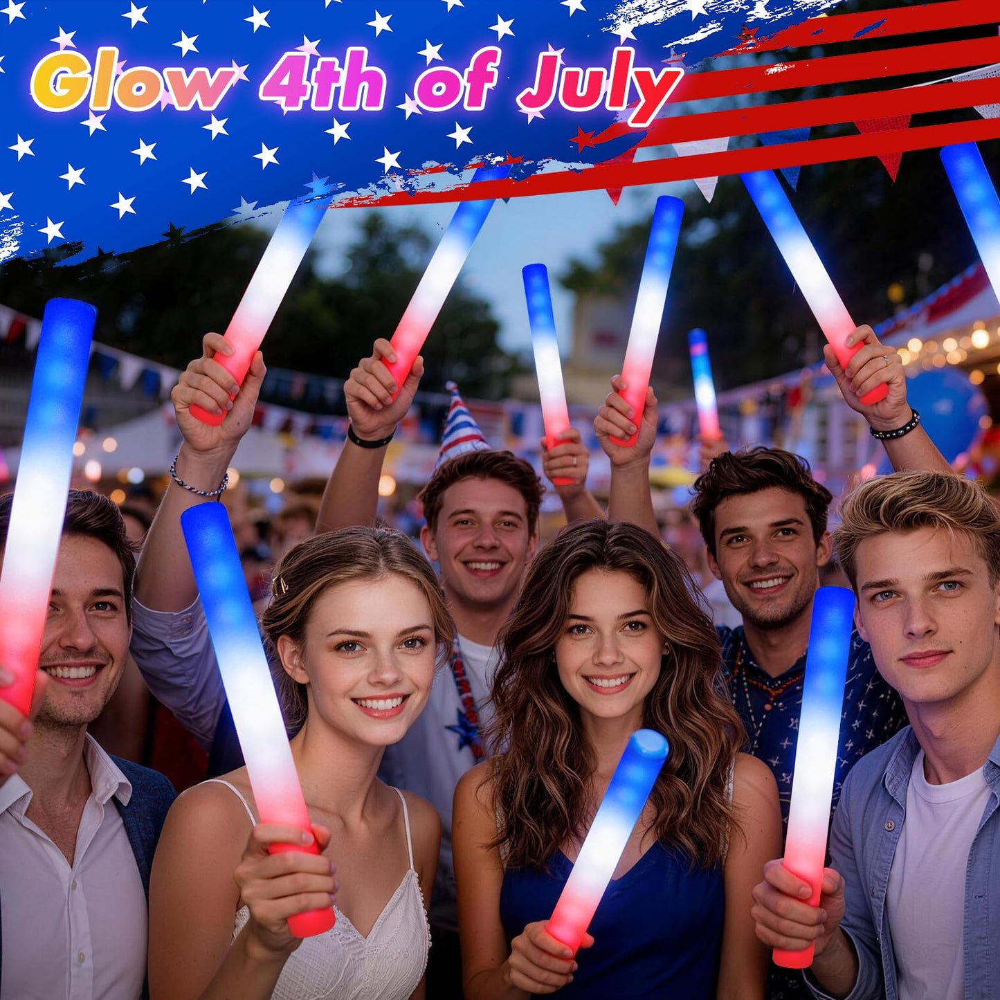 OLUPP 58 Pcs July 4th Glow Sticks, Foam Glow Sticks for 4th July, Red White Blue Glow in the Dark for Kids & Adults, Patriotic LED Light Up Supplies for Independence Day, Party Favors