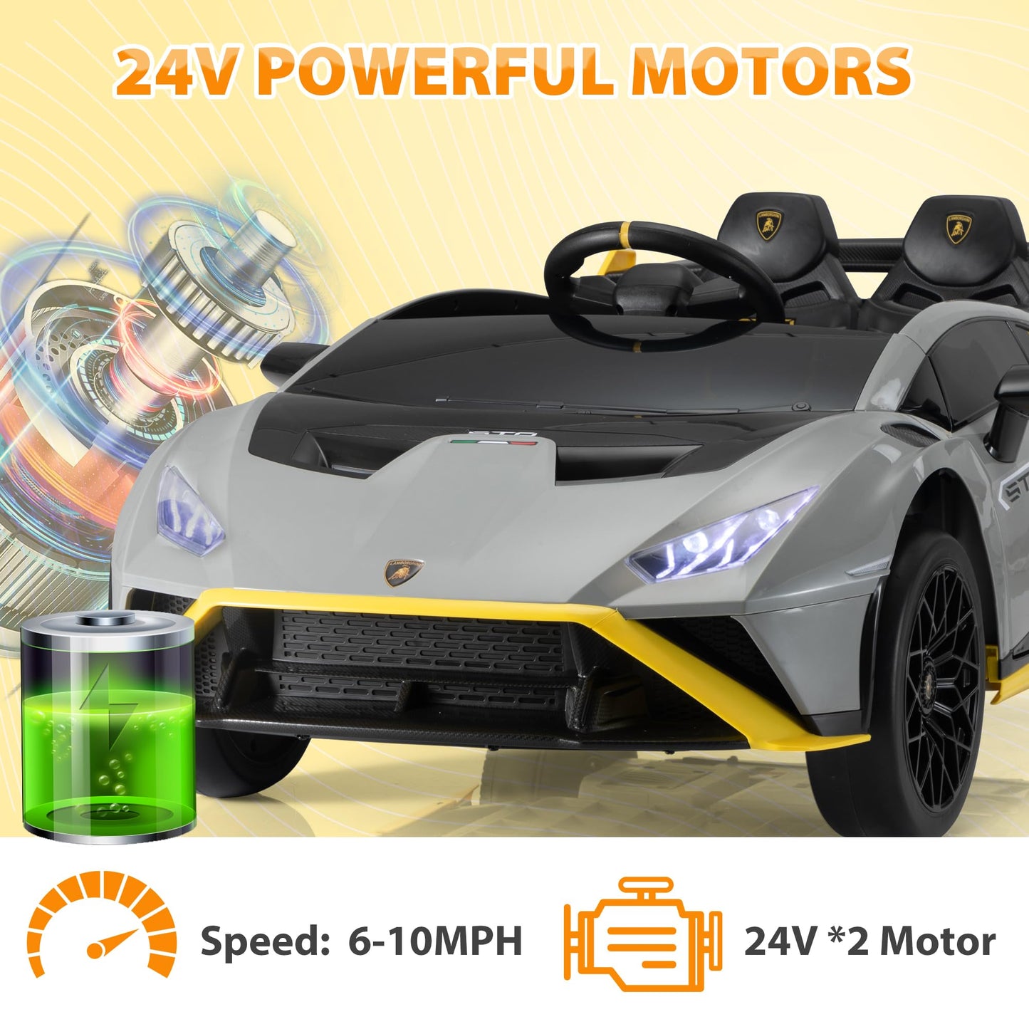 TOBBI Kids Ride on 24V Licensed Lamborghini STO Electric Car for Kids 3-8 Battery Powered Ride on Toys Lambo Sports Car with Remote Control Motorized Drift Vehicle High Speed 10km/h, Gray