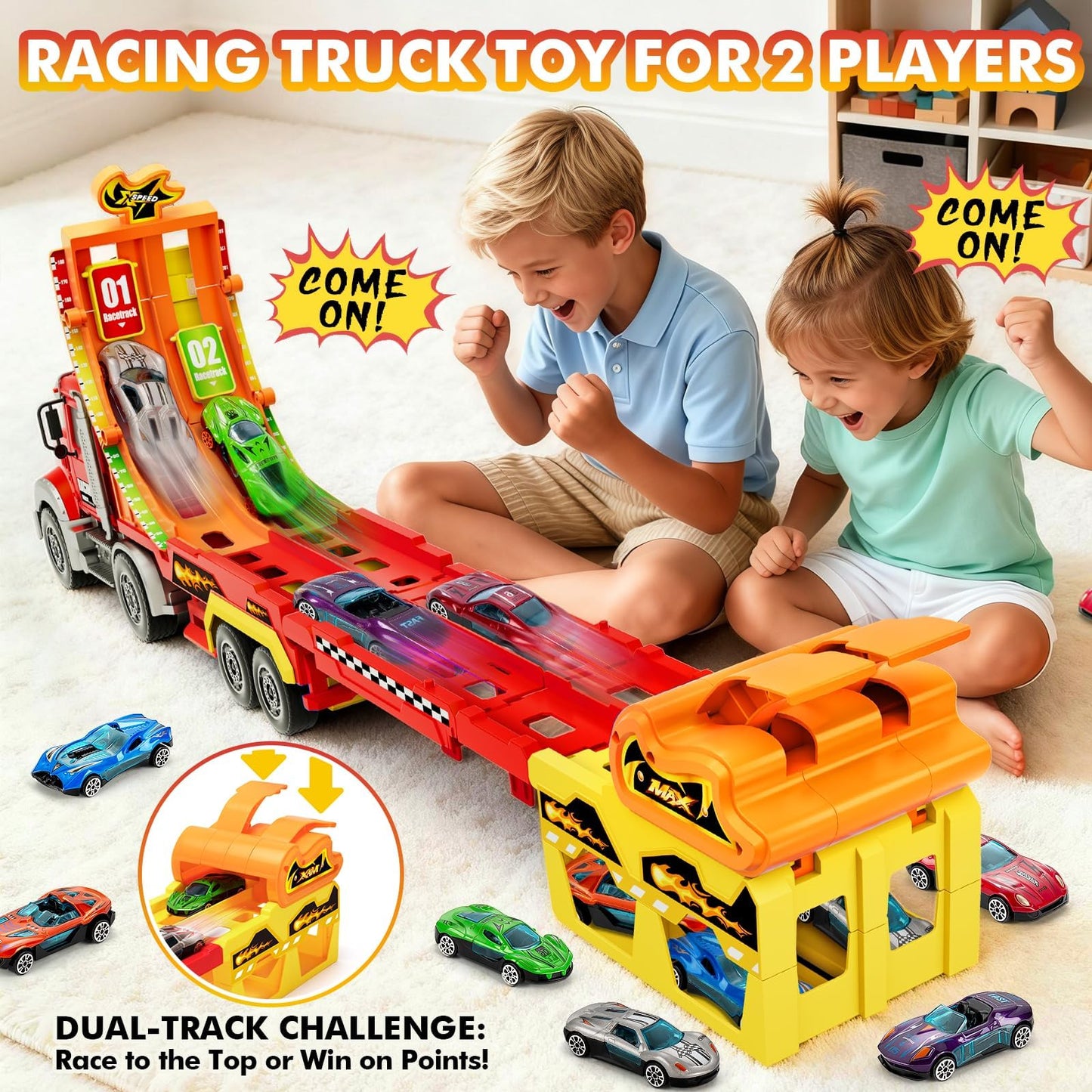 Truck Car Toys for 3, 4, 5, 6, 7, 8 Years Old Kids, Carrier Truck Race Track Toys, Foldable Transport Car Toys with Foldable Race Tracks and 6 Metal Cars, Birthday Gifts for Toddler Boys Girls (Red)