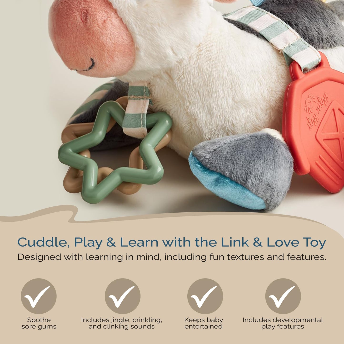Itzy Ritzy Link & Love Toy for Stroller or Car Seat – Features Textured Ribbons, Crinkle Sounds, Clinking Rings & Silicone Teether – Designed for Ages 0 Months and Up (Cow)