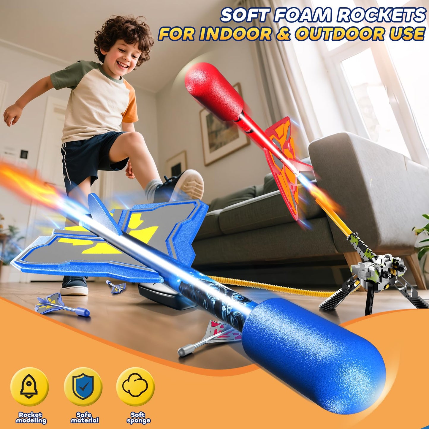 DULONIME Rocket Launcher for Kids with 4 LED Airplane Rockets and Tank Launcher, Outdoor Toys for Toddlers, Rockets for Kids Age 4-8, 2 3 4 5 Year Old Boy Birthday Gift, Launching up to 120+ Feet