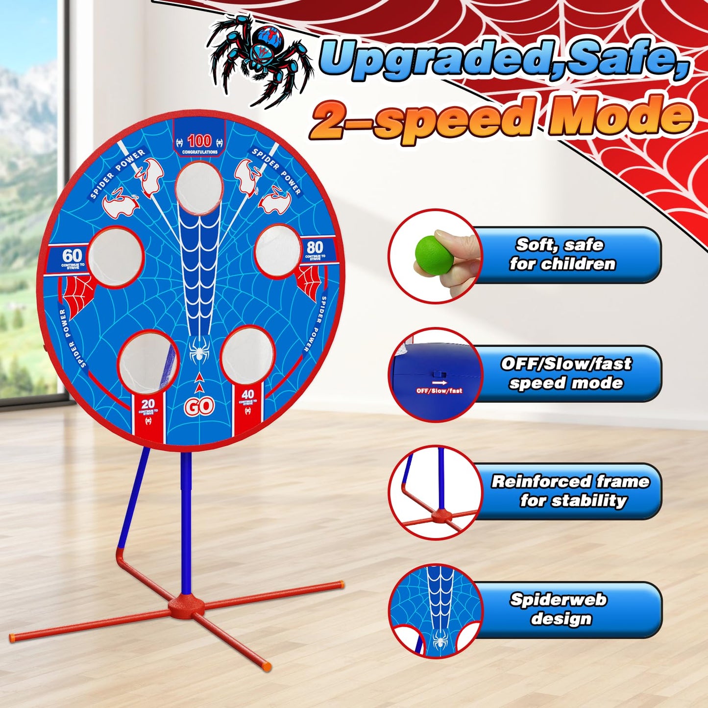 Spider Upgraded 2-in-1 Shooting Games Toys: Rotating Target, 2 Air Blasters & 24 Foam Balls, Bean Bag Toss Game for Kids, Indoor Outdoor Yard Party Games for Boys Girls 4 5 6 7 8 9 10+ Year Old Gift