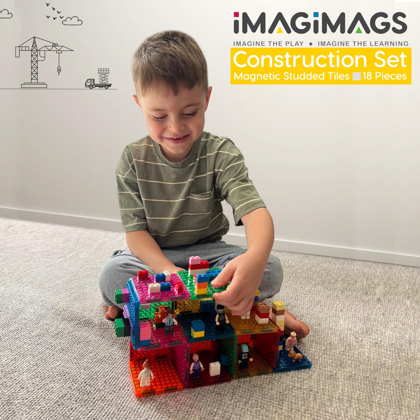 Imagimags Studded Magnetic Tiles Construction Set – Building Brick Compatible Expansion Pack (18 Pieces) – Connects Magnetic Tiles to Small Building Bricks – Kids 5+