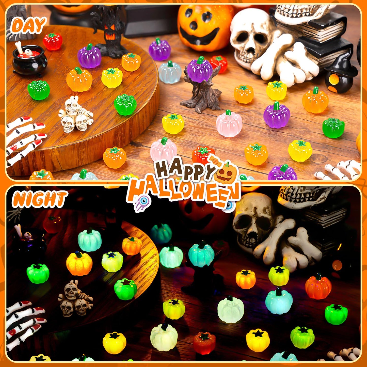 184PCS Halloween Luminous Mini Resin Pumpkins Miniature Pumpkin Figurines Glow in Dark Tiny Pumpkins Bulk for Thanksgiving Fall Halloween Party Cupcake Decor Craft DIY (Size Mixed)