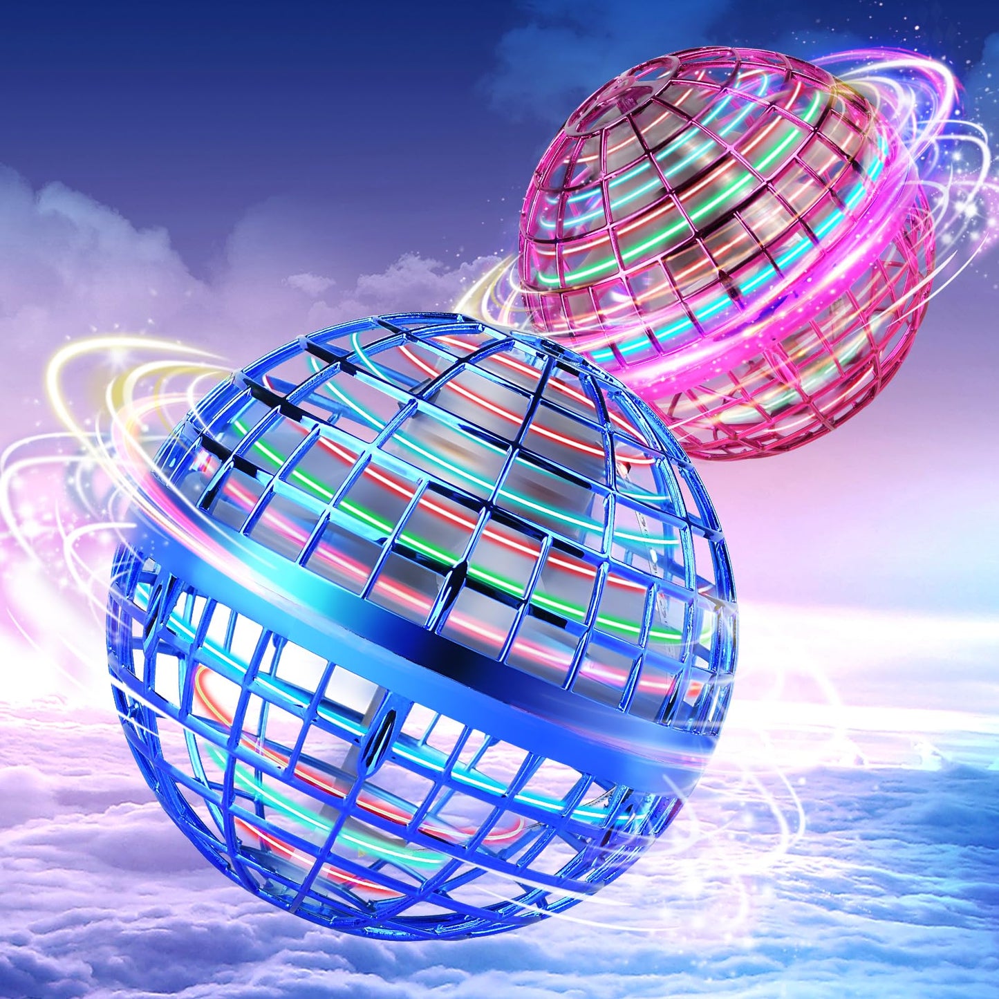 Vrainito Flying Orb Ball 2025 Upgrade, 2 Pack Hand-Controlled Flying Orb Toy, 360° Rotating Cosmic Globe Hover Ball for Kids (Blue + Purple)