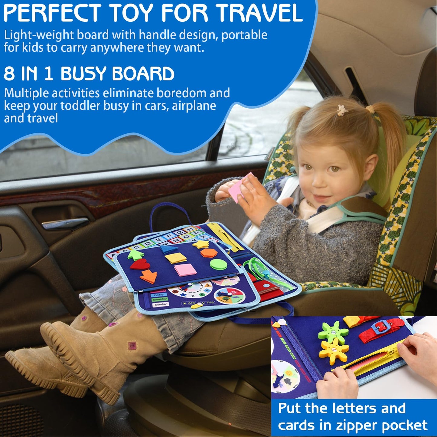 Esjay Toddler Busy Board Montessori Toys for Boys, Sensory Book Educational Activities for Learning Fine Motor Skills, Birthday Gifts for Boys Toddlers, Travel Toys for Airplane Car, Blue Dinosaur