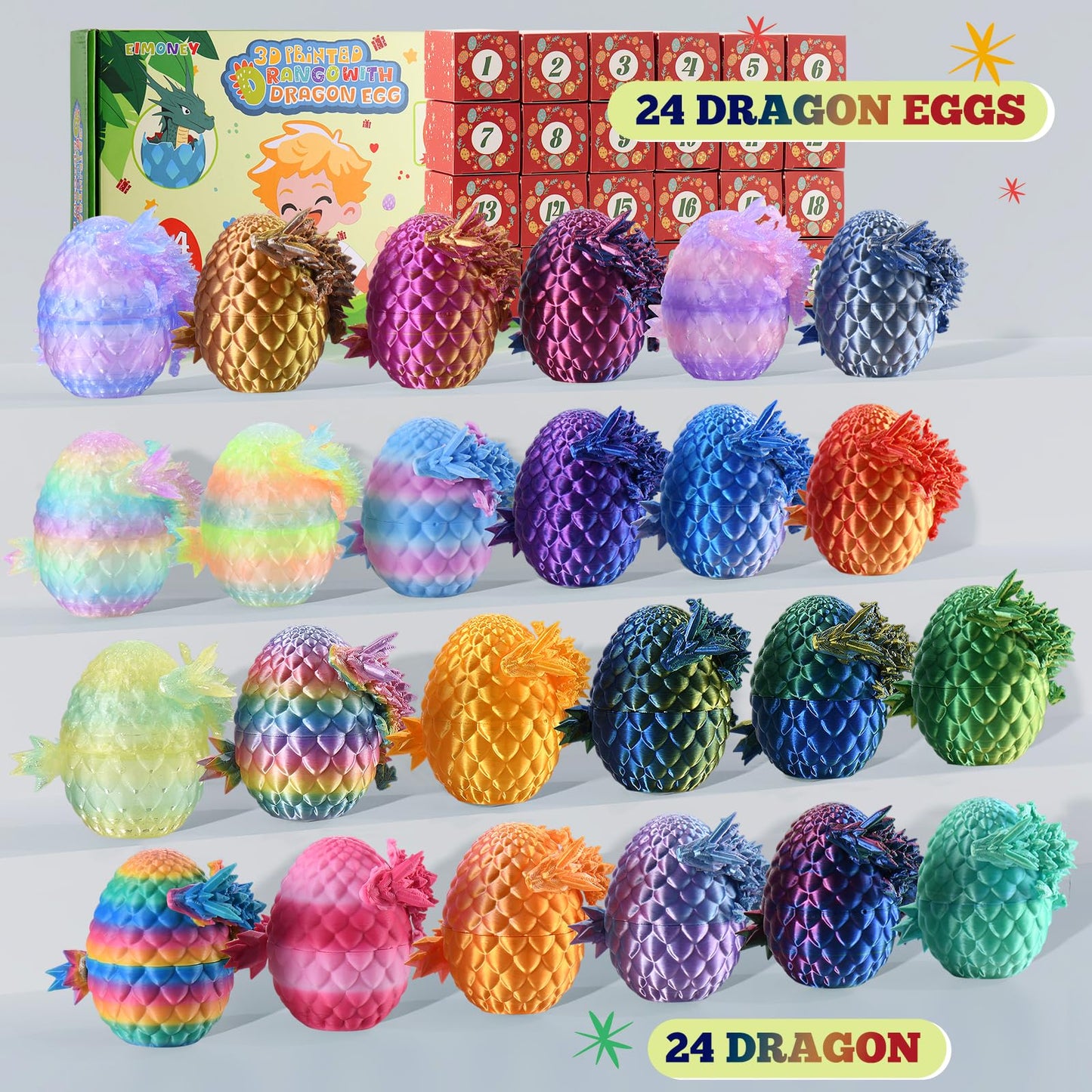 EIMONEY Advent Calendar 2026,24PCS 3D Printed Dragon Eggs with Dragon Inside,Movable Dragon Realistic Slithering Design,3D Printed Dragon Toy, for Adults and Kids(24PCS-Multicolor)