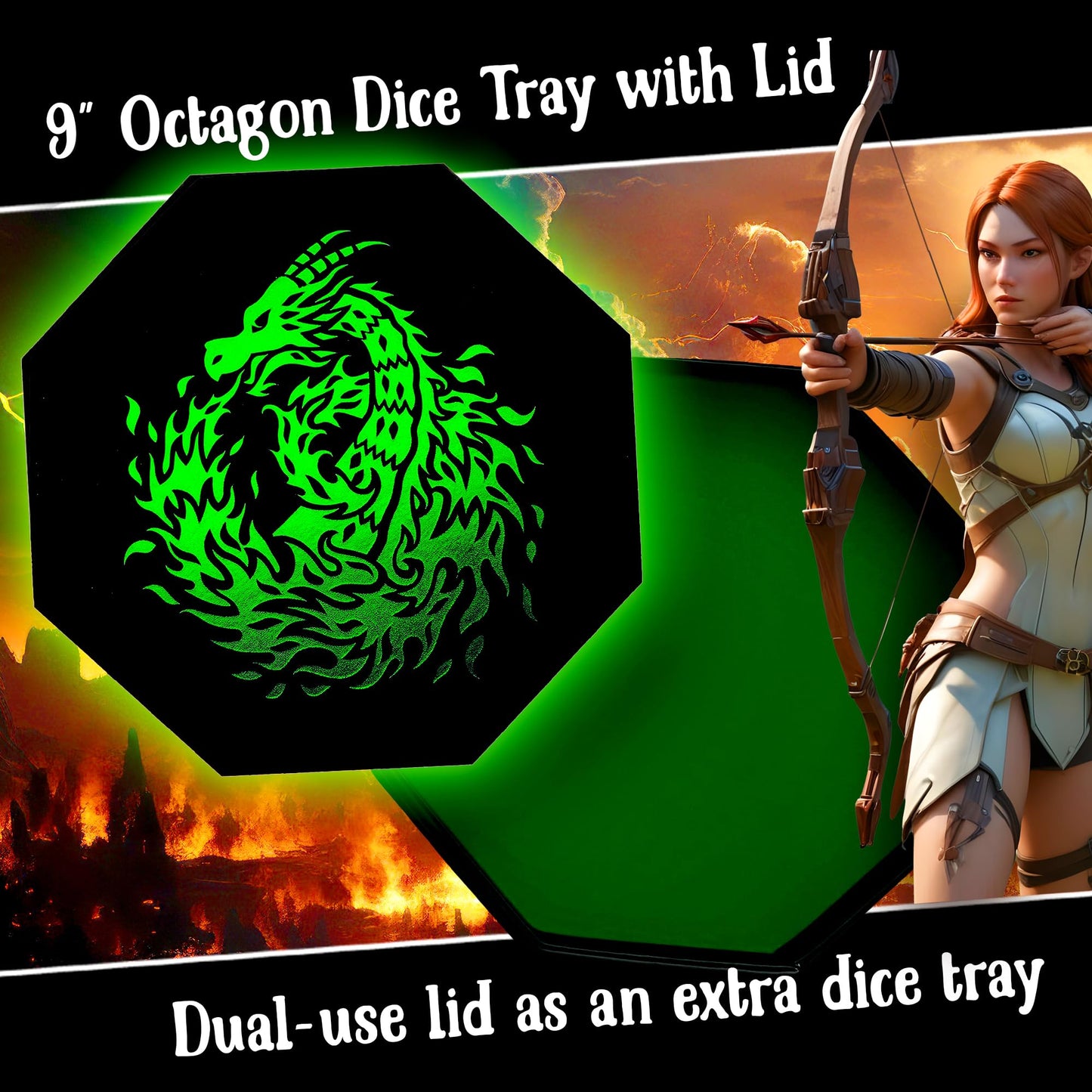 Fantasydice Green Fire Dragon Dice Tray with Wizard Book Print – 9" Octagon with Dice Staging Area, Holds 5 Dice Sets – Ideal for Tabletop RPGs and Board Games