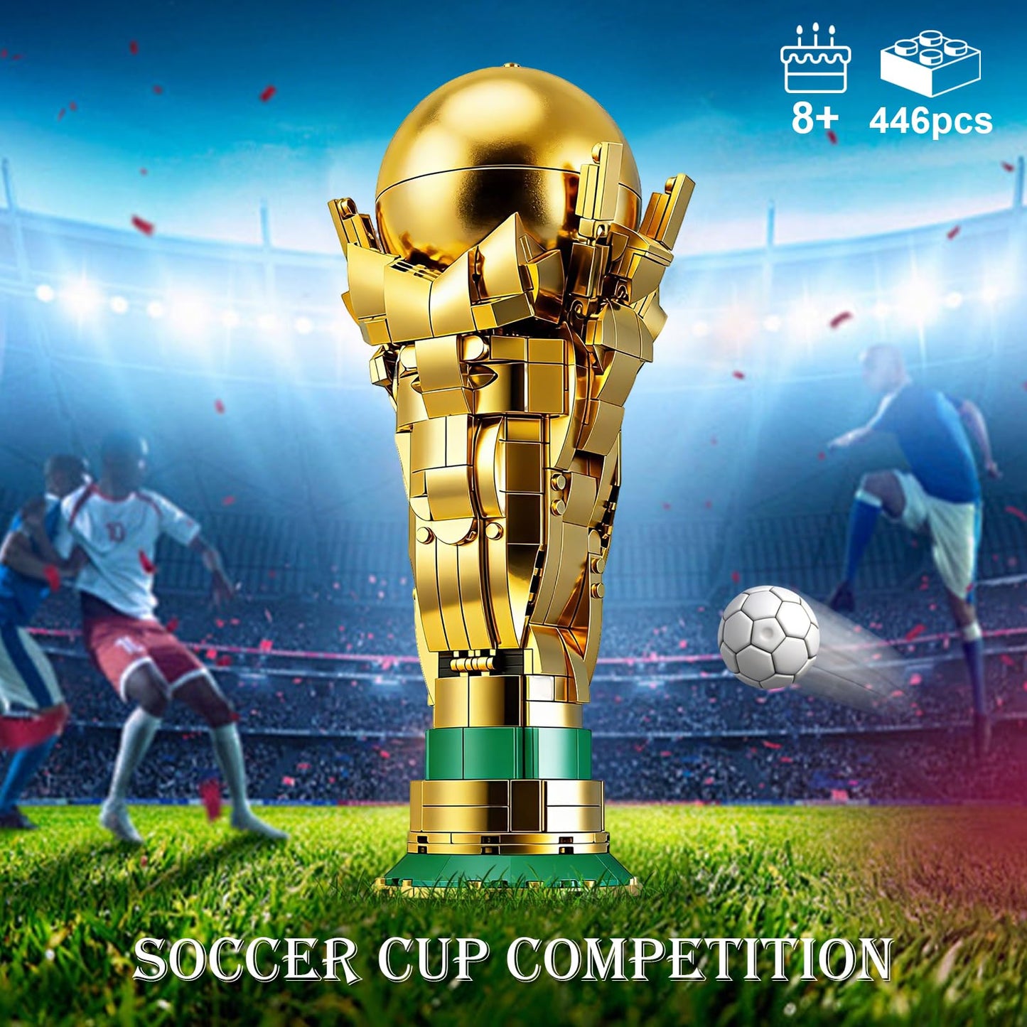 Soccer Trophy Building Set for Kids 8+ (446 Pieces) – STEM Golden Football Cup Model with Opening Sphere & Hidden Mini Balls – Collectible Display for Home Office Desk, Birthday Gift for Sports Fans