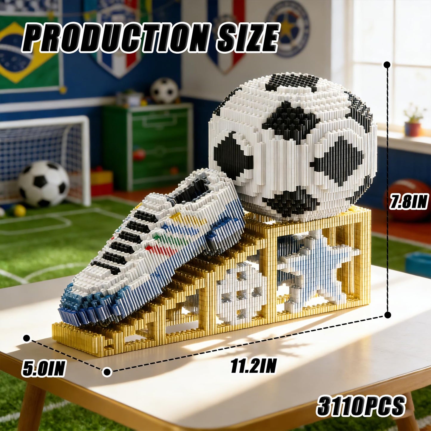 USVillGO 2026 New Soccer Ball with Sport Sneaker Building Block Set, Realistic Soccer, Luminous Crystal Shoe, Golden Stand STEM Bricks, DIY Educational Toy World Football Cup Gifts for Teen, Adult