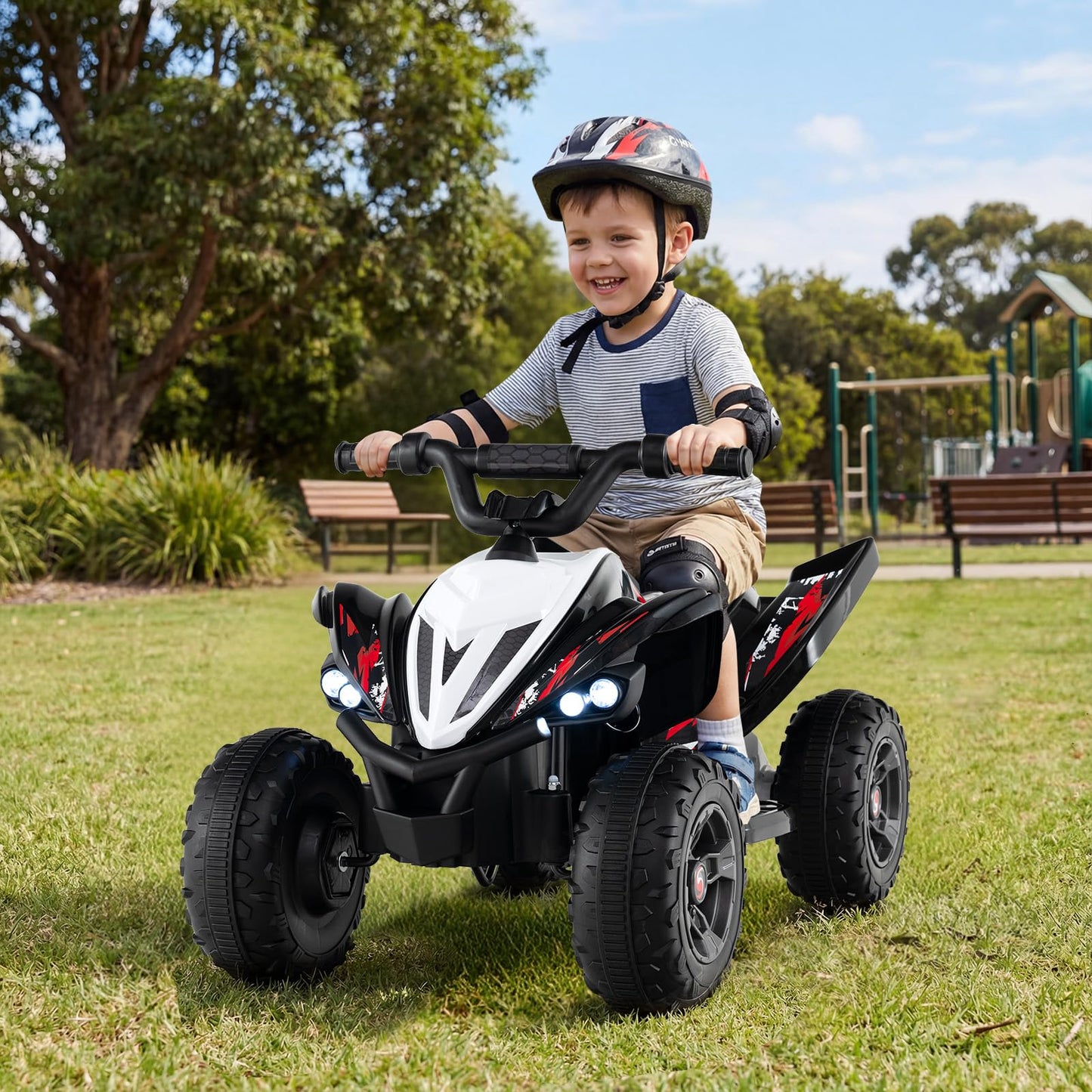Costzon Kids ATV, 12V 4-Wheeler Quad Electric Vehicle w/ 7 mph Max Speed, 15° Climbing, LED Lights, Music, Wireless Connection, Toddler Ride On ATV Toy, Gift for Boys Girls Aged 3+ (Deep Black)
