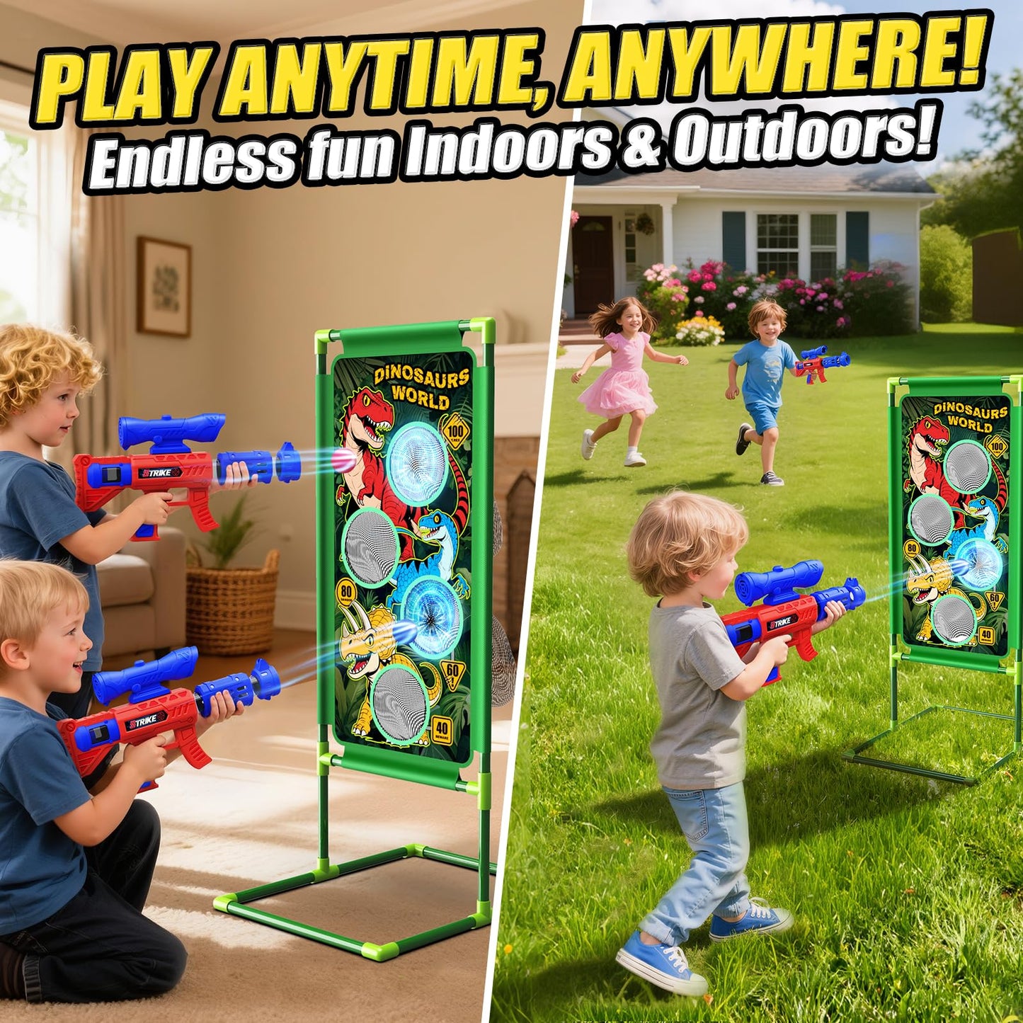 Dinosaur Shooting Game Toys, 2 Air Pump Launcher with Aiming Fun, 3 Dinosaur Theme & 4 Target Score Points, 24 Foam Balls, Indoor Outdoor Toy Gift for Kid Boy 3 4 5 6 7 8 9 10 11 12 Year Old Age 3-12