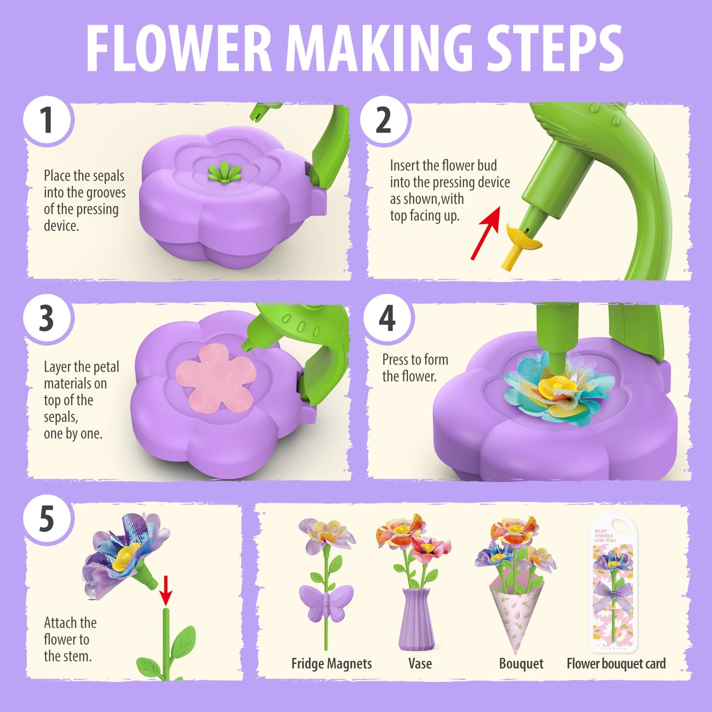 Wiyeang DIY Fabric Flower Bouquet Kit for Girls,Arts and Crafts for Kids Ages 6-12,Birthday Gifts Ideas for Girl 6 7 8 9 10 11 Year Old-Light and Music Flowers Market Toy