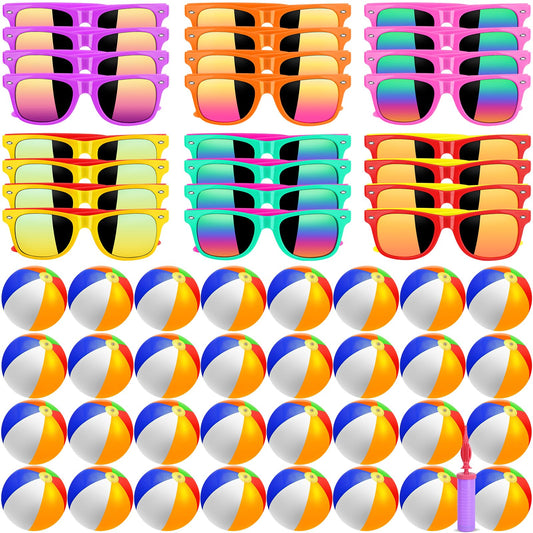 UZLU 60 Pcs Kids Summer Beach Party Favors Sets- Includes 30 Inflatable Beach Balls Bulk, 30 Neon Sunglasses Bulk, Rainbow Colored Beach Ball Summer Pool Party Toys for Water Games Hawaiian Party